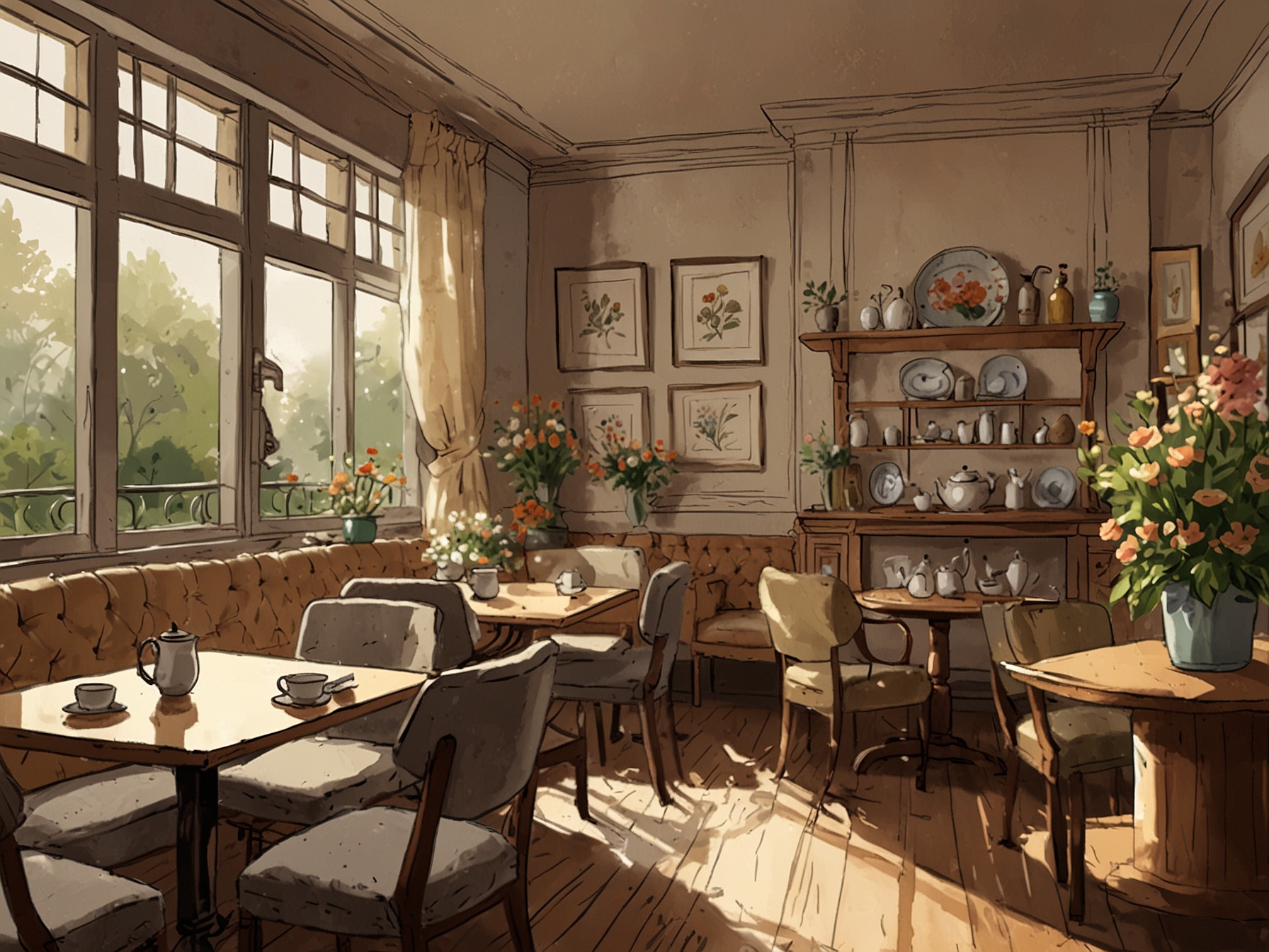 An inviting tea room decorated with fresh flowers and soft lighting, creating a cozy atmosphere for friends to gather and enjoy their tea time together.