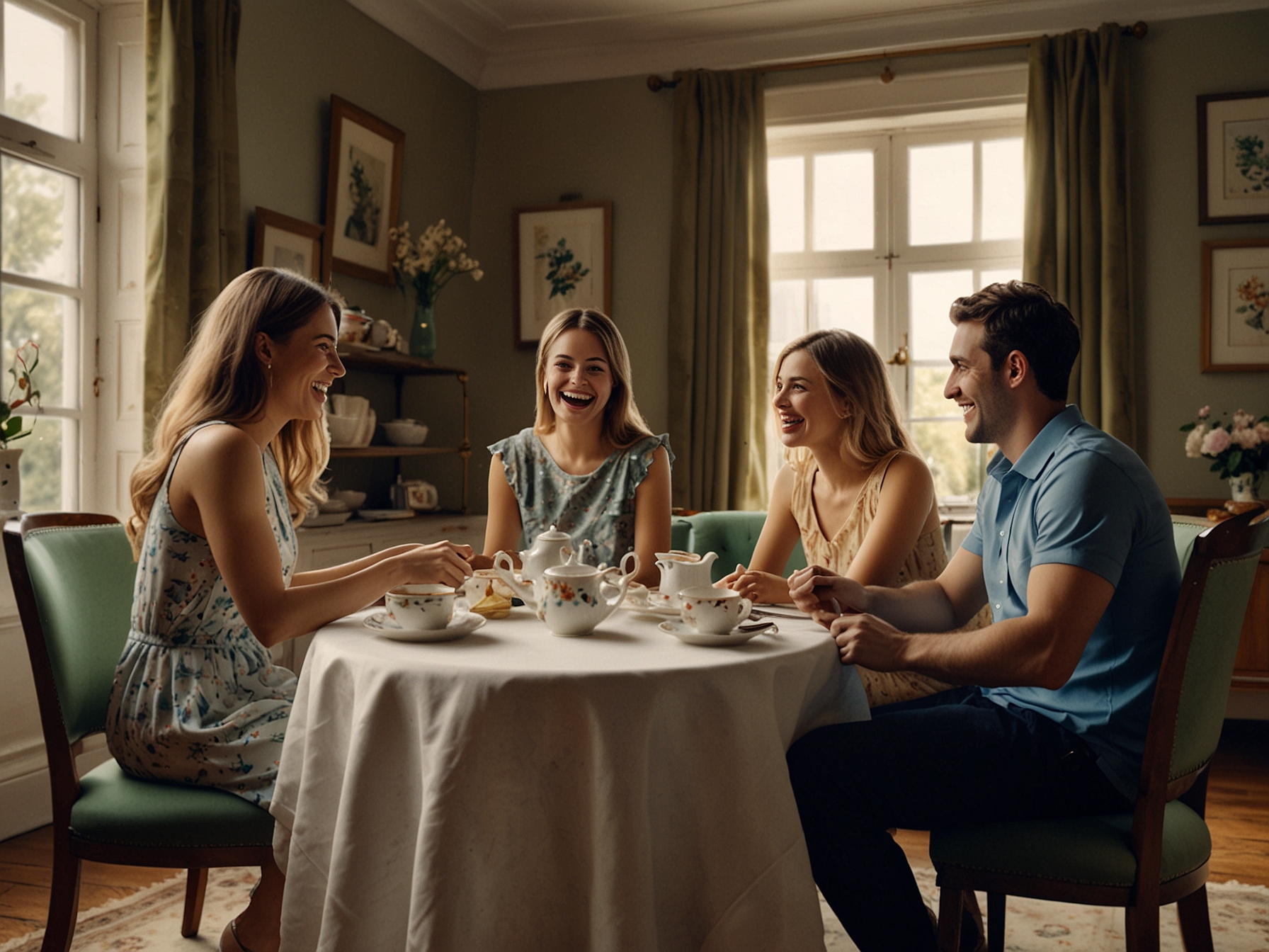 A group of friends laughing and chatting over their afternoon tea, demonstrating the social aspect and bonding moments that this tradition brings to life.