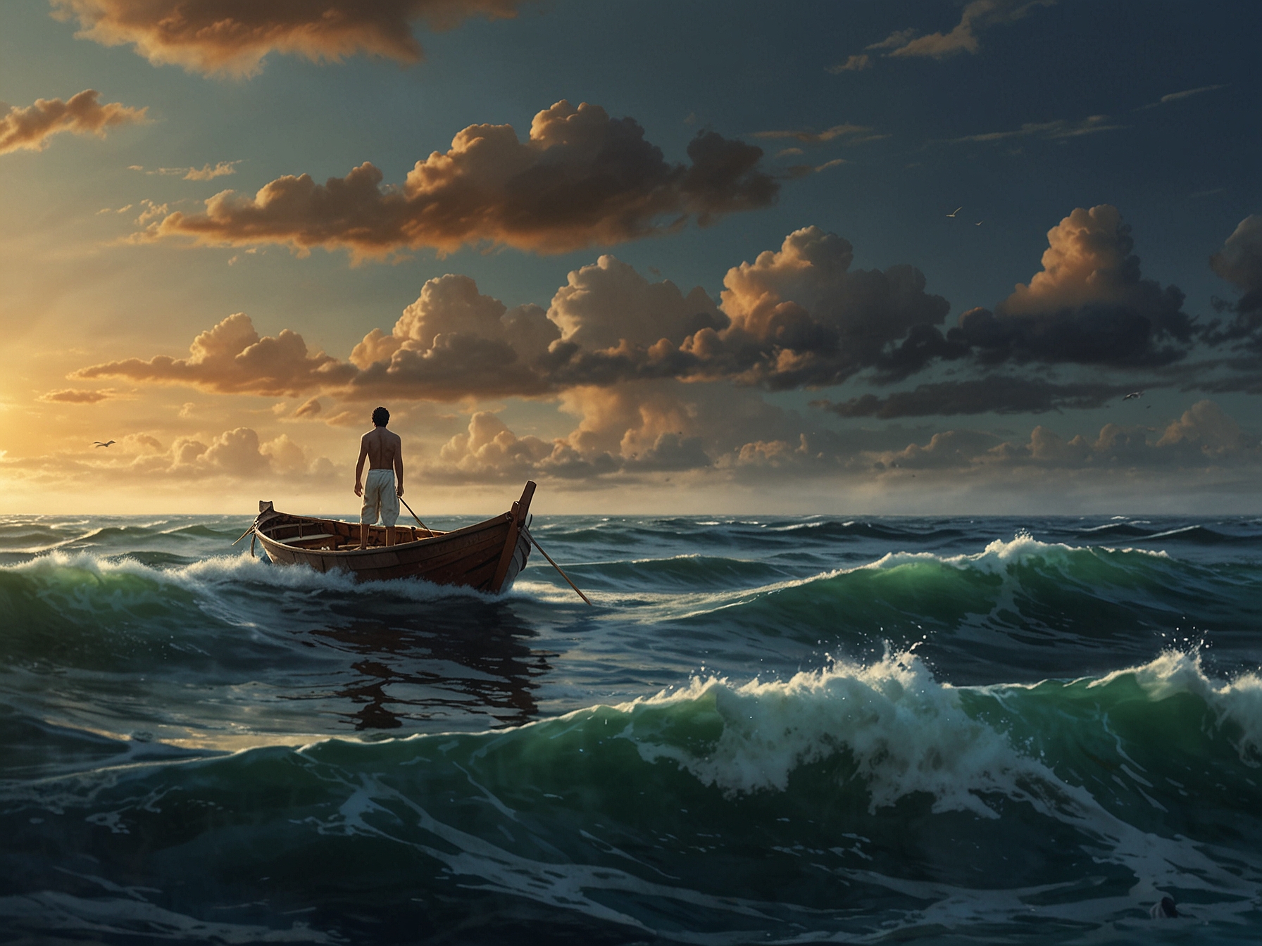 An adventurous and introspective image from 'Life of Pi', depicting the protagonist's quest for self-discovery amidst a vast and unpredictable ocean.