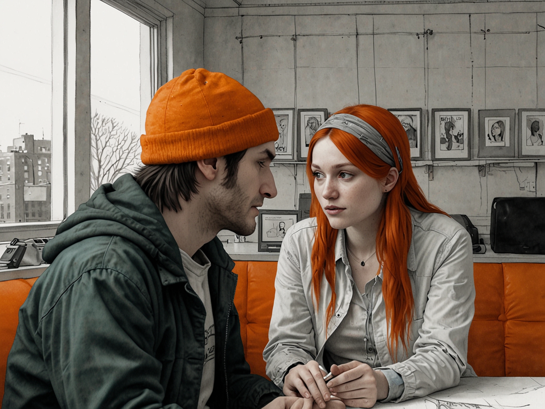 A surreal scene from 'Eternal Sunshine of the Spotless Mind', embodying the confusion and complexity of memories and relationships, challenging viewers' perceptions and evoking deep thought.