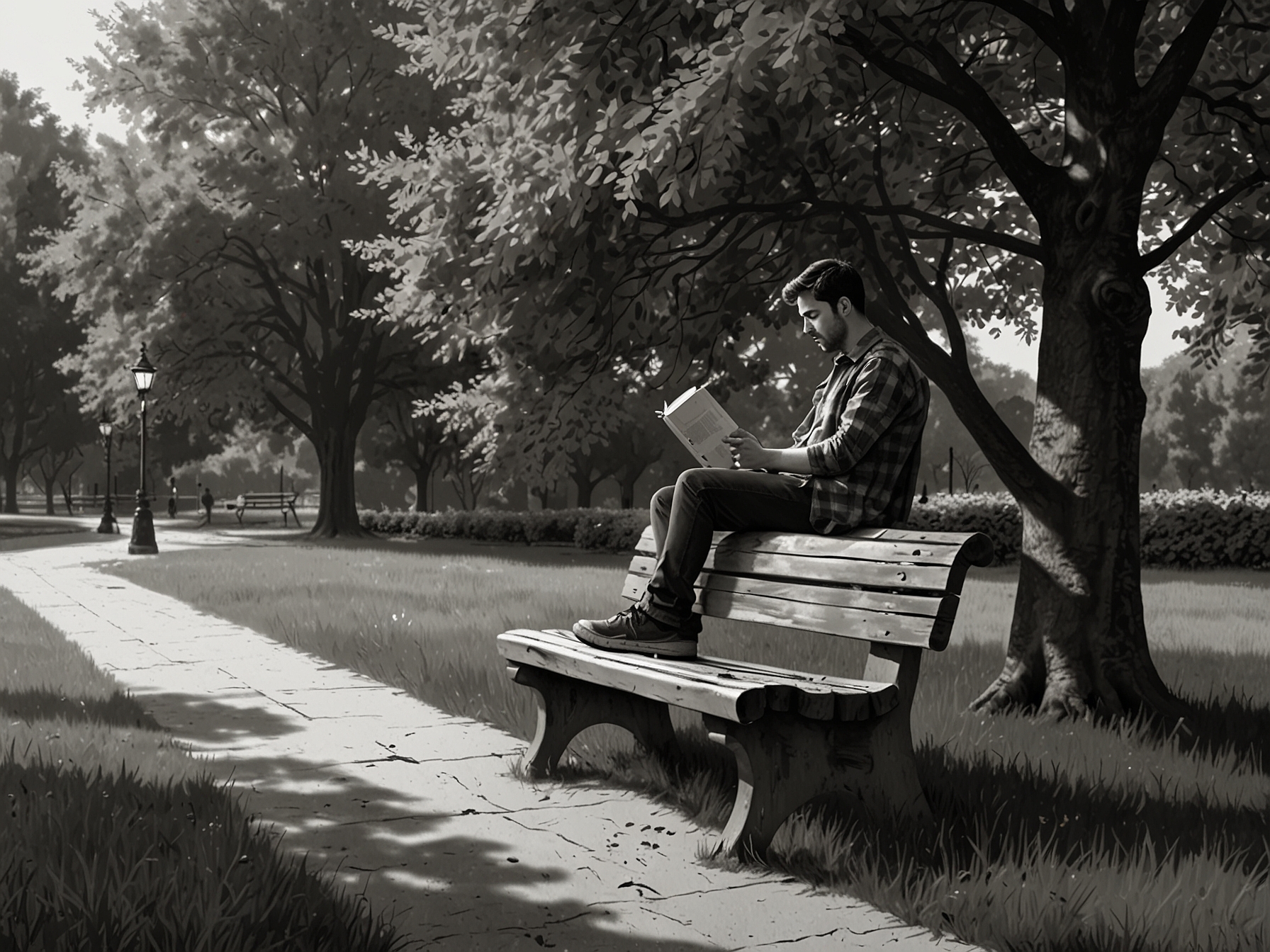 An individual sitting alone on a wooden bench by a park, enjoying a book while surrounded by nature, illustrating the beauty of taking time for oneself.