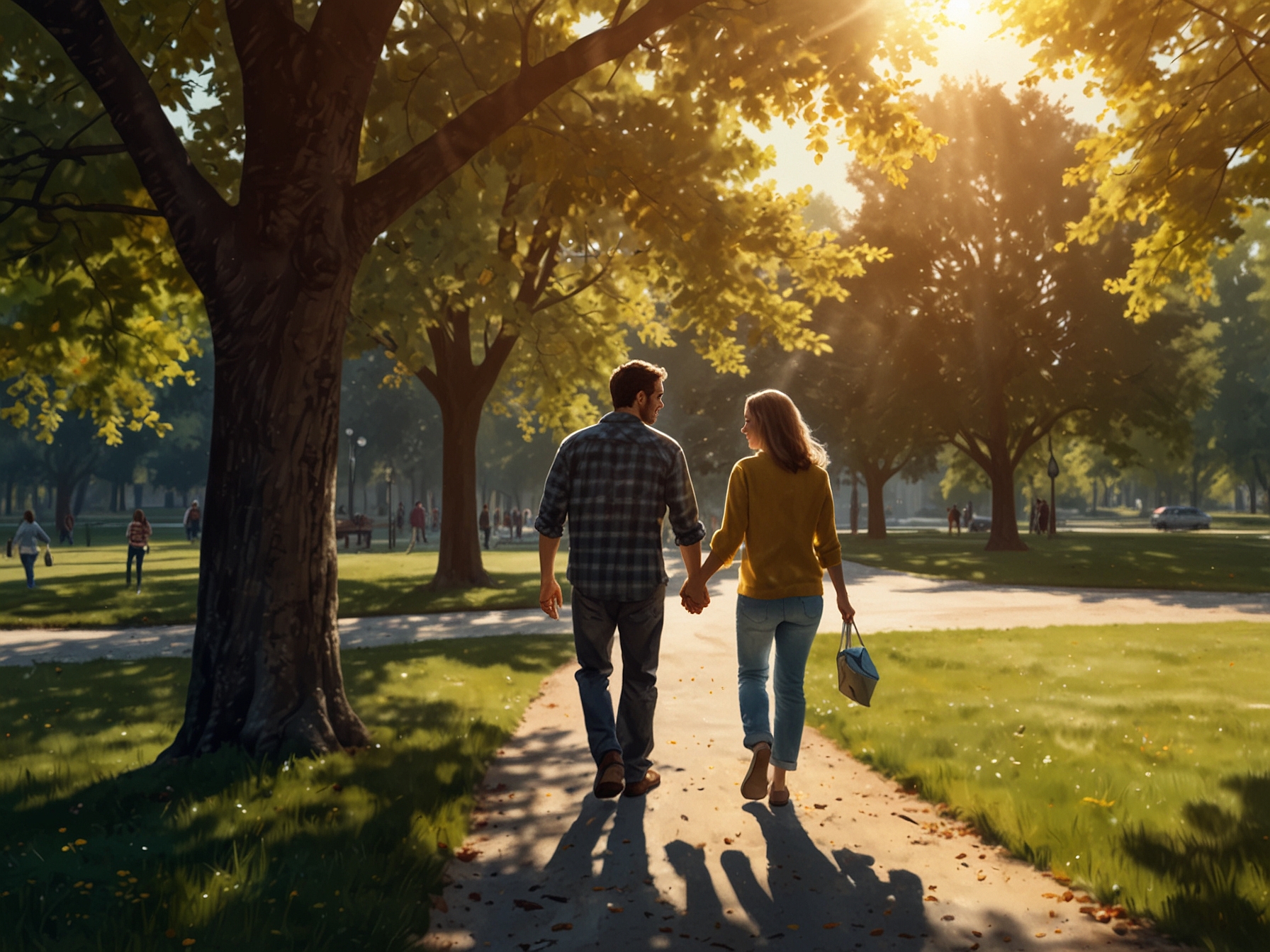 A couple walking hand in hand in a sunlit park, showcasing the simple joys of life and the importance of connecting with loved ones.