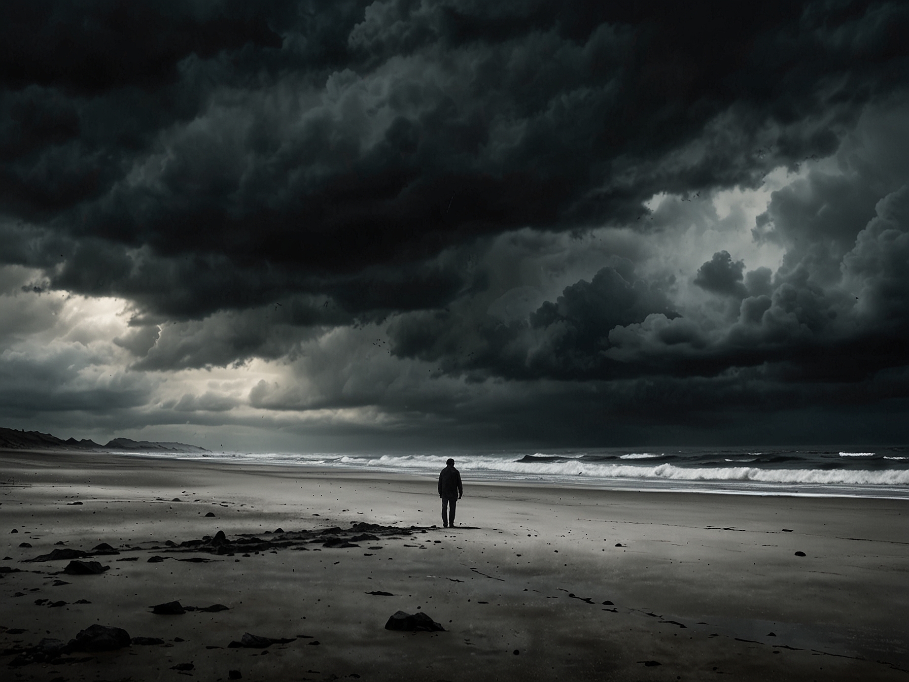 An empty beach with dark clouds overhead, symbolizing moments of introspection and the emotional weight of loneliness during difficult days.