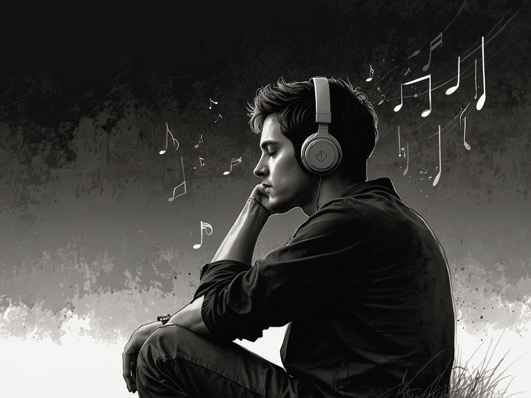 A peaceful scene of a person lost in thoughts while listening to music, illustrating how music serves as a comforting companion during moments of sorrow.