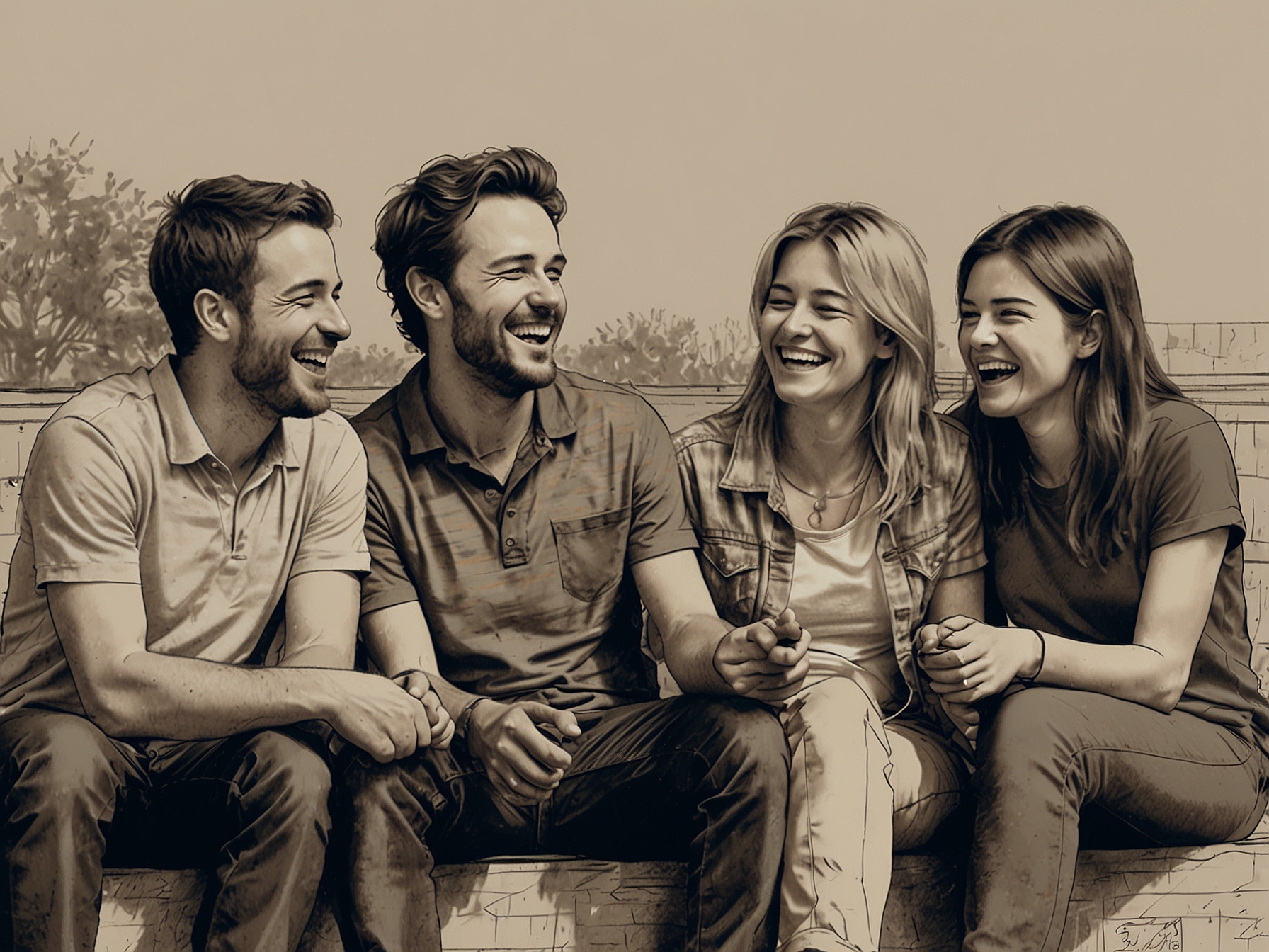 A group of friends sitting together, sharing laughter and stories, depicting the importance of communication and support in dealing with emotional pain.