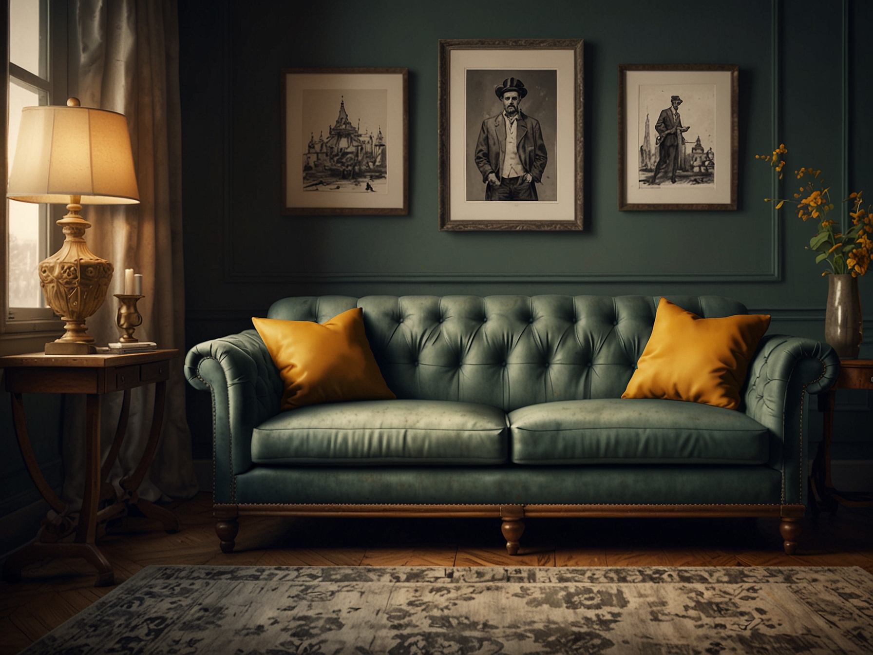 A stylish sofa paired with unique vintage furniture showcasing creativity in home decor, highlighting how to repurpose old items into functional pieces.