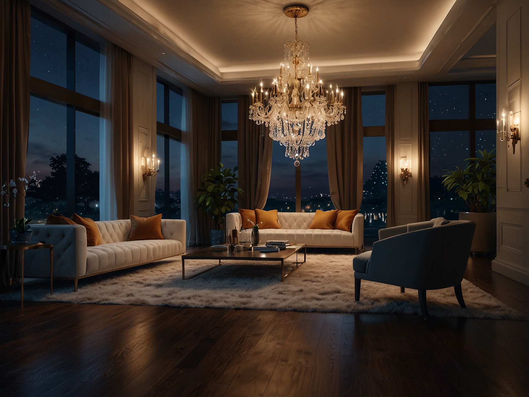 A well-lit room featuring elegant chandeliers and recessed LED lights, enhancing the space and providing a luxurious feel during evening gatherings.