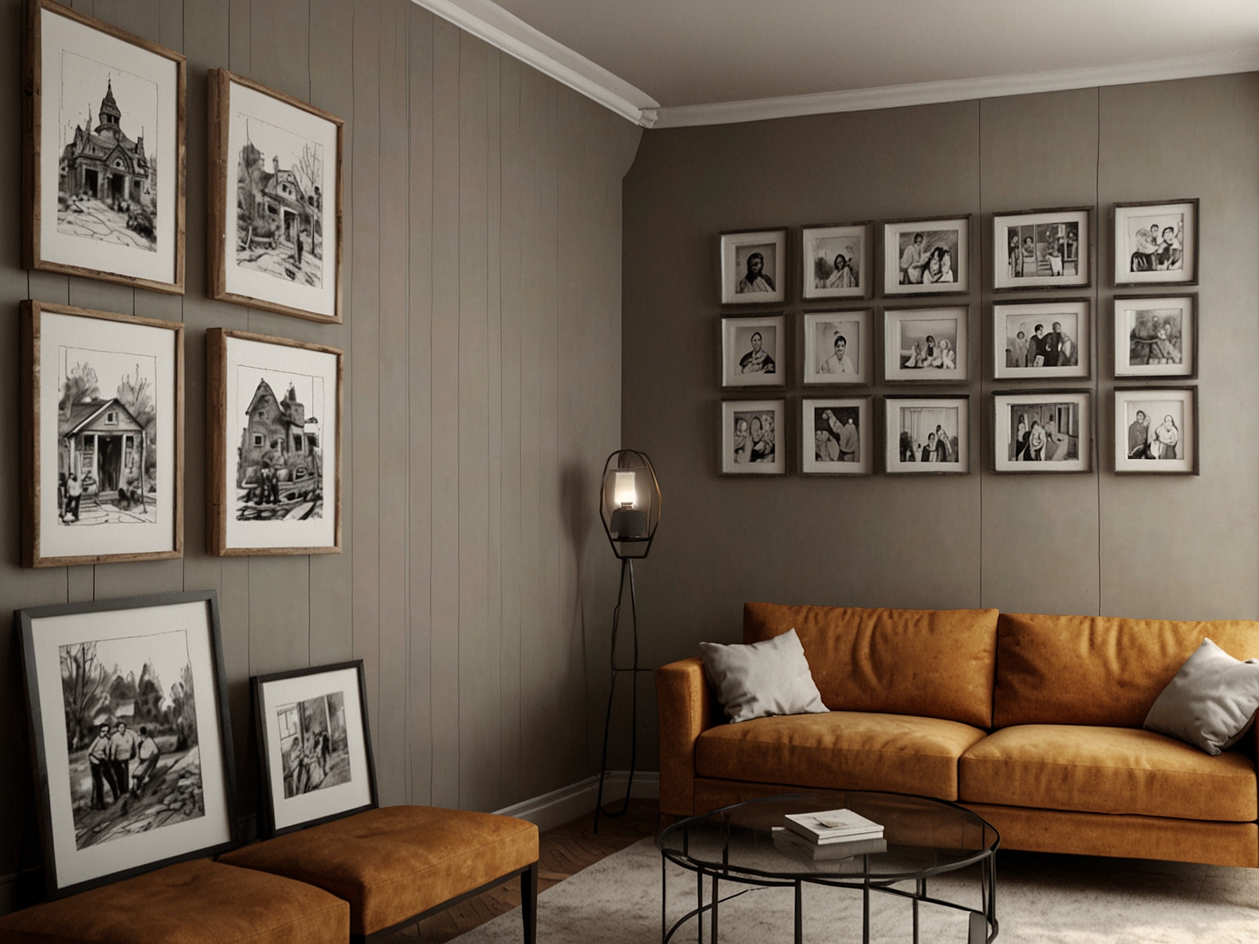 A wall adorned with family pictures and artwork, reflecting personal stories and memories, making the living space truly distinctive and inviting.