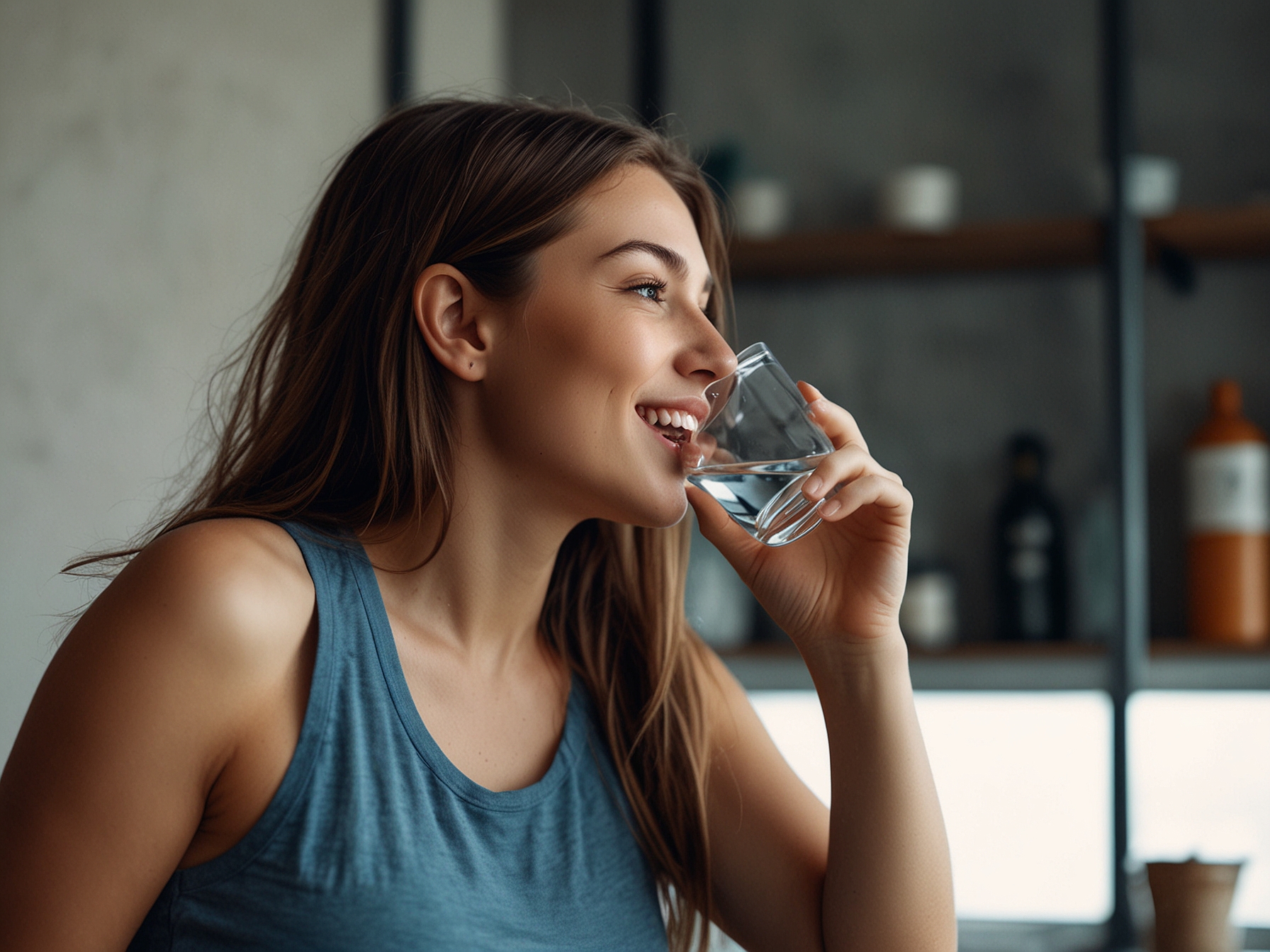 A person joyfully sipping water while holding a bottle, emphasizing the role of hydration in maintaining shiny, beautiful hair.