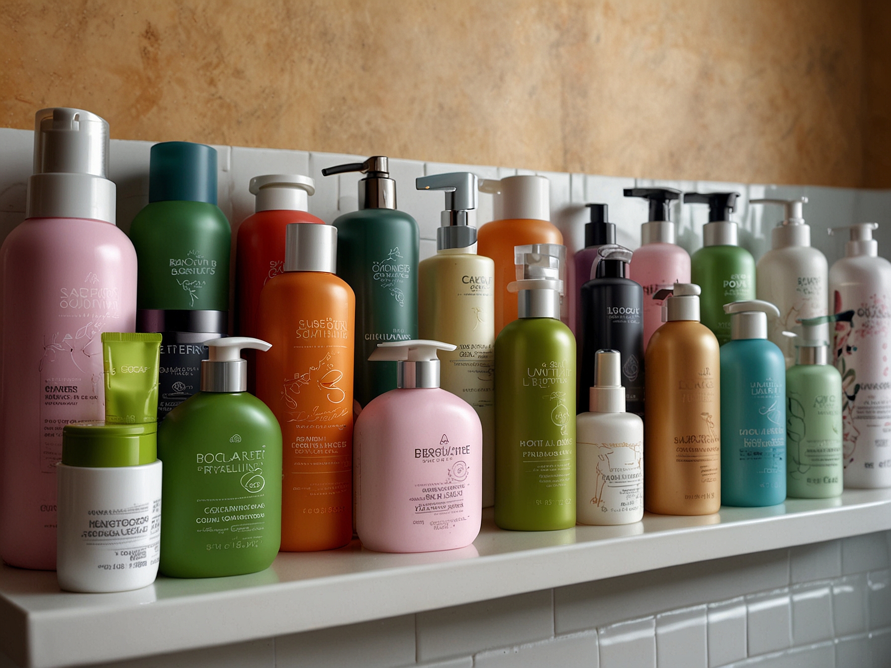 A close-up of different hair care products on a bathroom shelf, highlighting the variety of shampoos and conditioners available for different hair types.