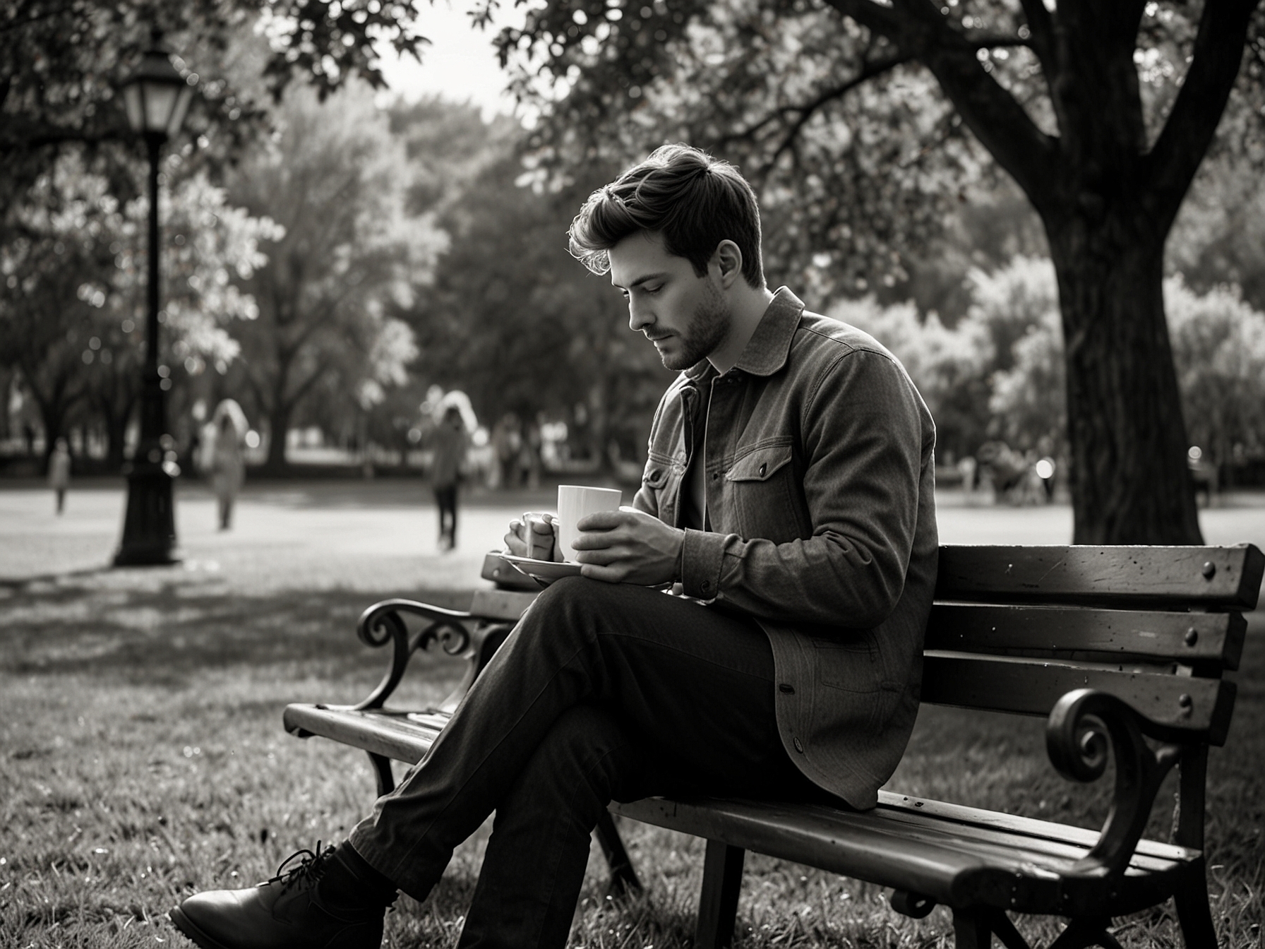 A serene scene of someone enjoying a cup of tea in a peaceful park, indicating the connection between mental tranquility and personal grooming.