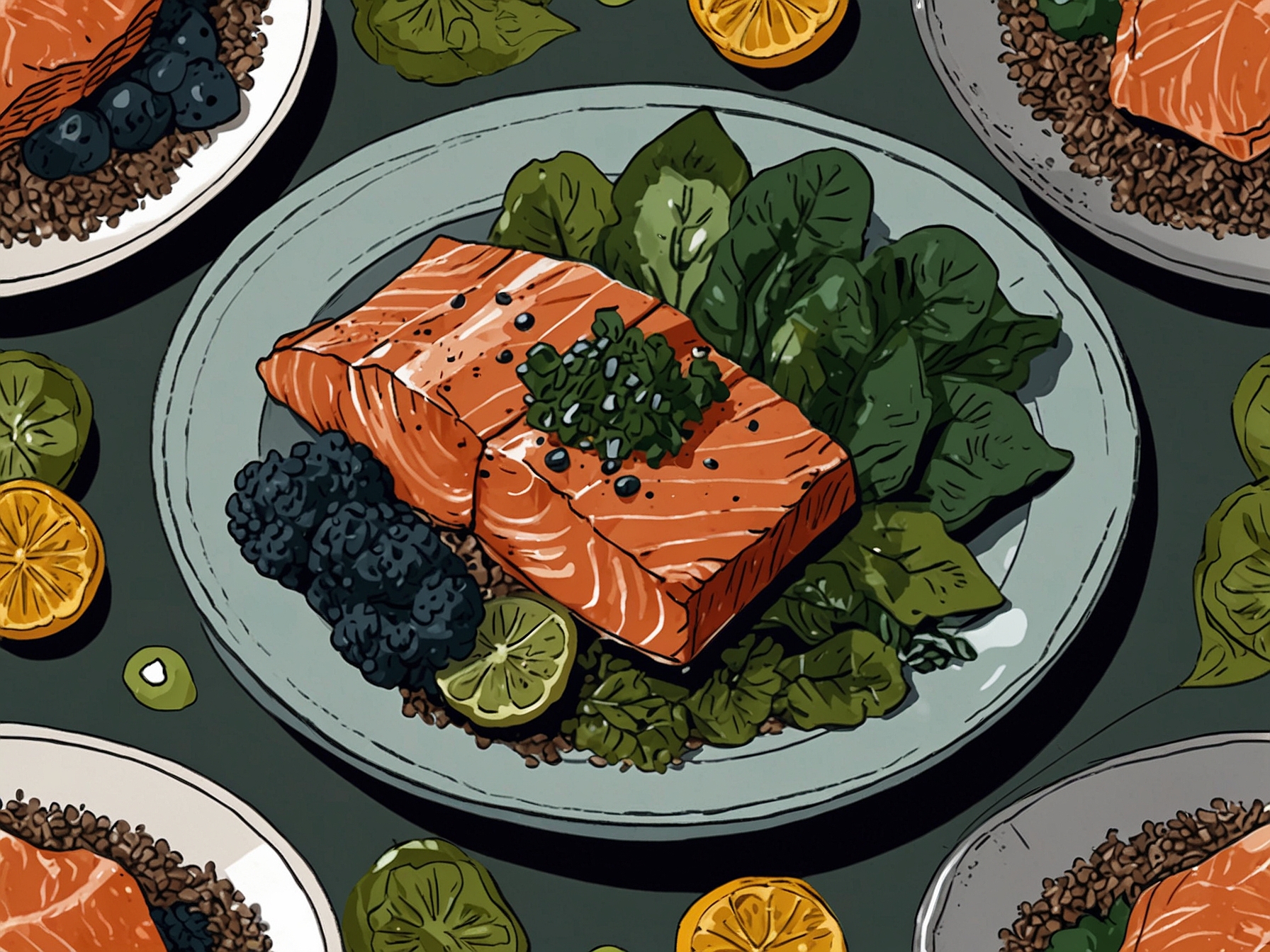 A colorful plate filled with healthy foods such as salmon, spinach, and chia seeds, emphasizing the importance of diet for maintaining beautiful hair.