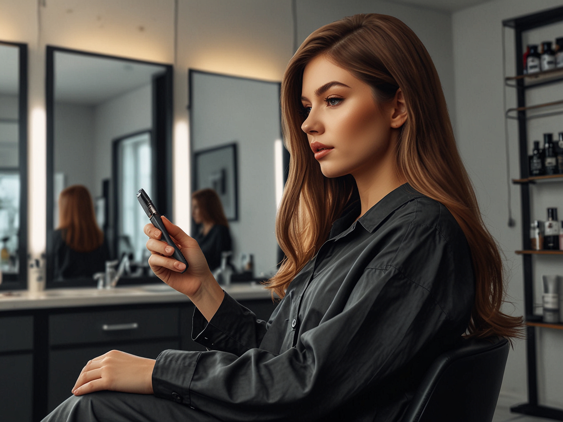 An individual trimming their hair at a salon, highlighting the importance of regular haircuts to remove split ends and encourage healthy growth.