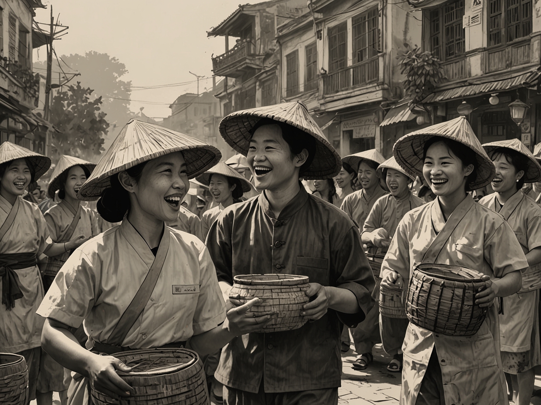 A lively scene from a local festival, showcasing traditional performances that foster community spirit and pride, reflecting the ongoing celebration of cultural identity in Vietnam.