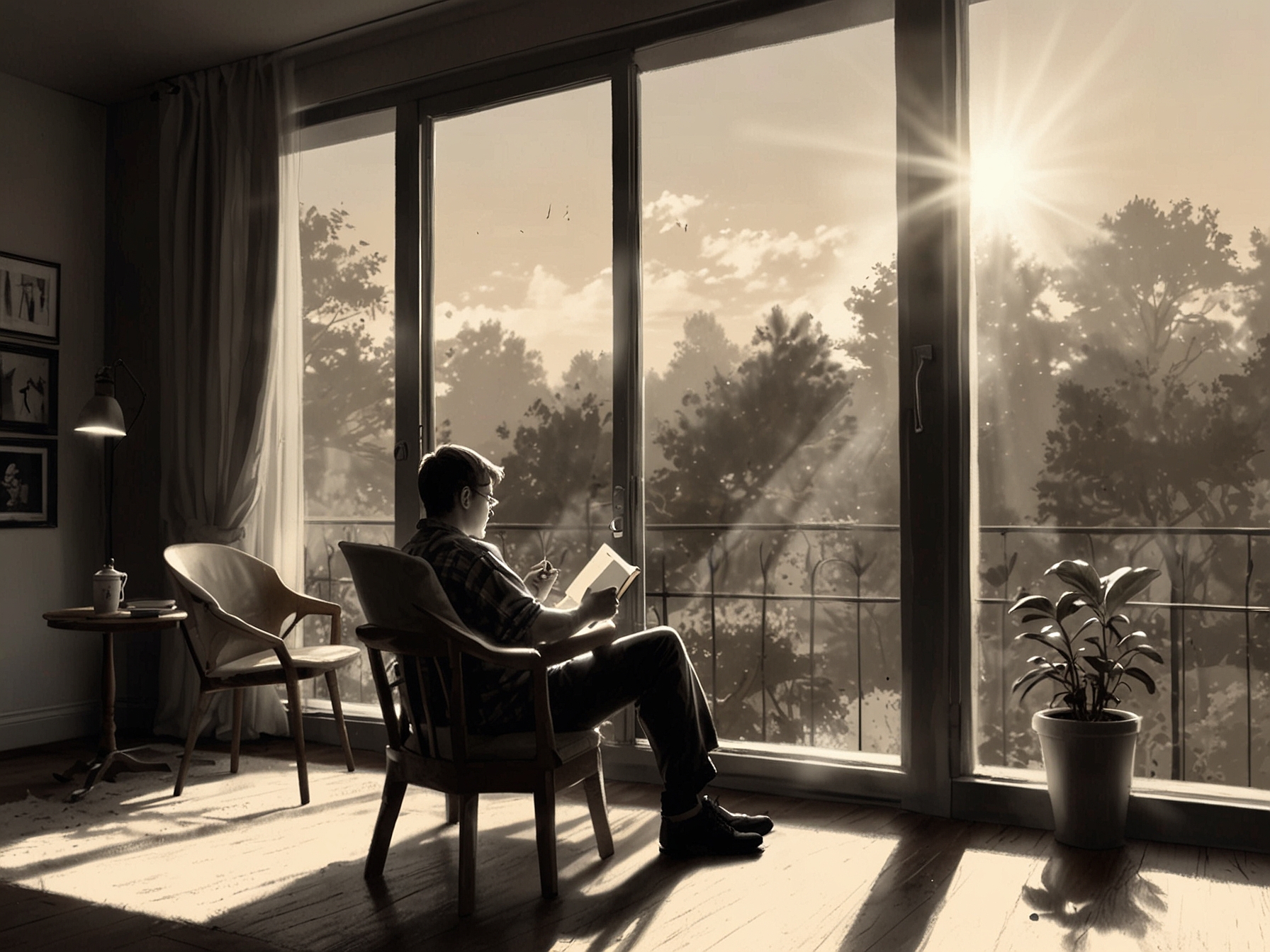 A serene scene of a person sitting by a window with a book in hand, sipping tea, surrounded by soft sunlight filtering through the glass.