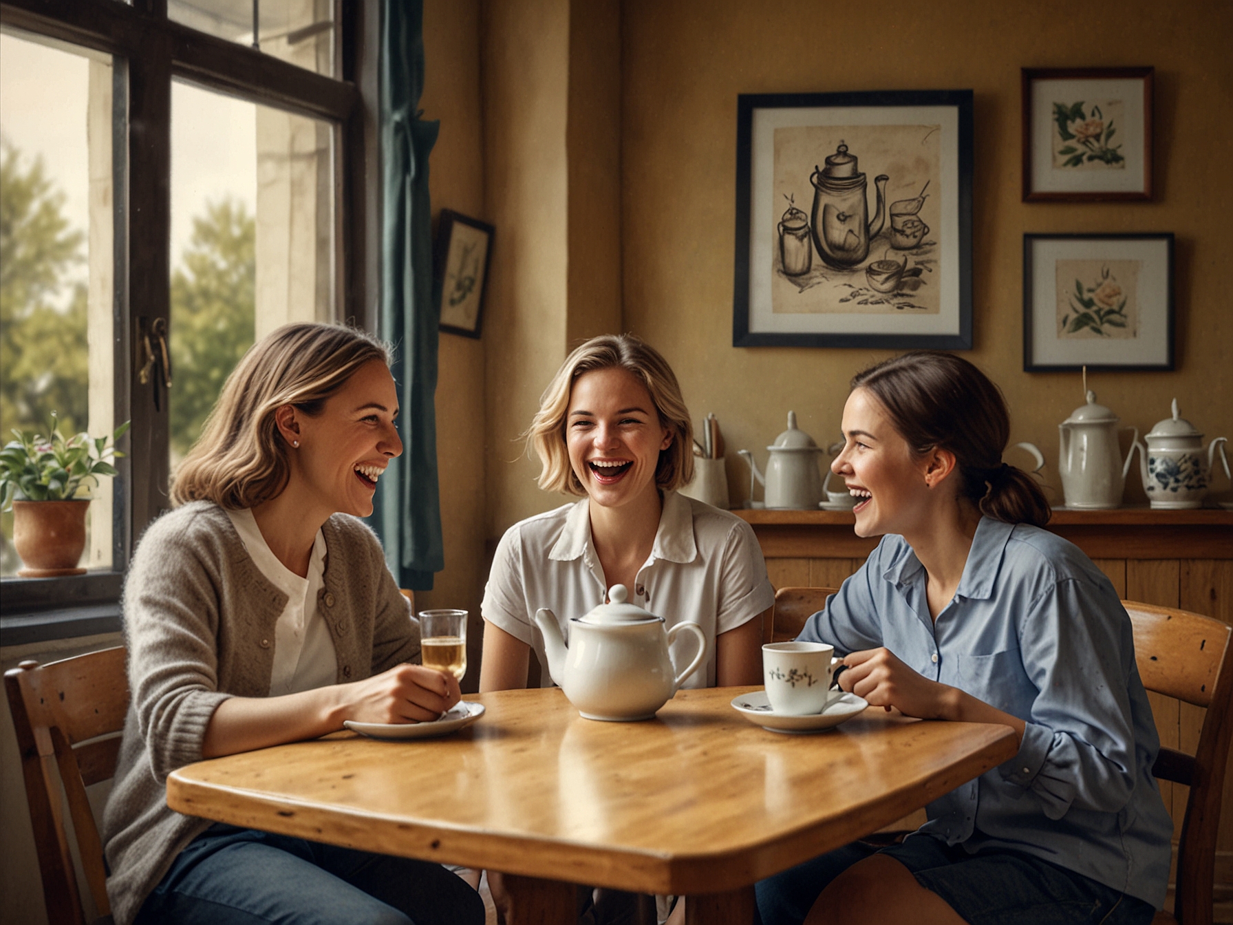 A joyful family gathering at a quaint café, enjoying their afternoon tea, with children laughing and parents savoring their drinks, embodying the essence of togetherness.