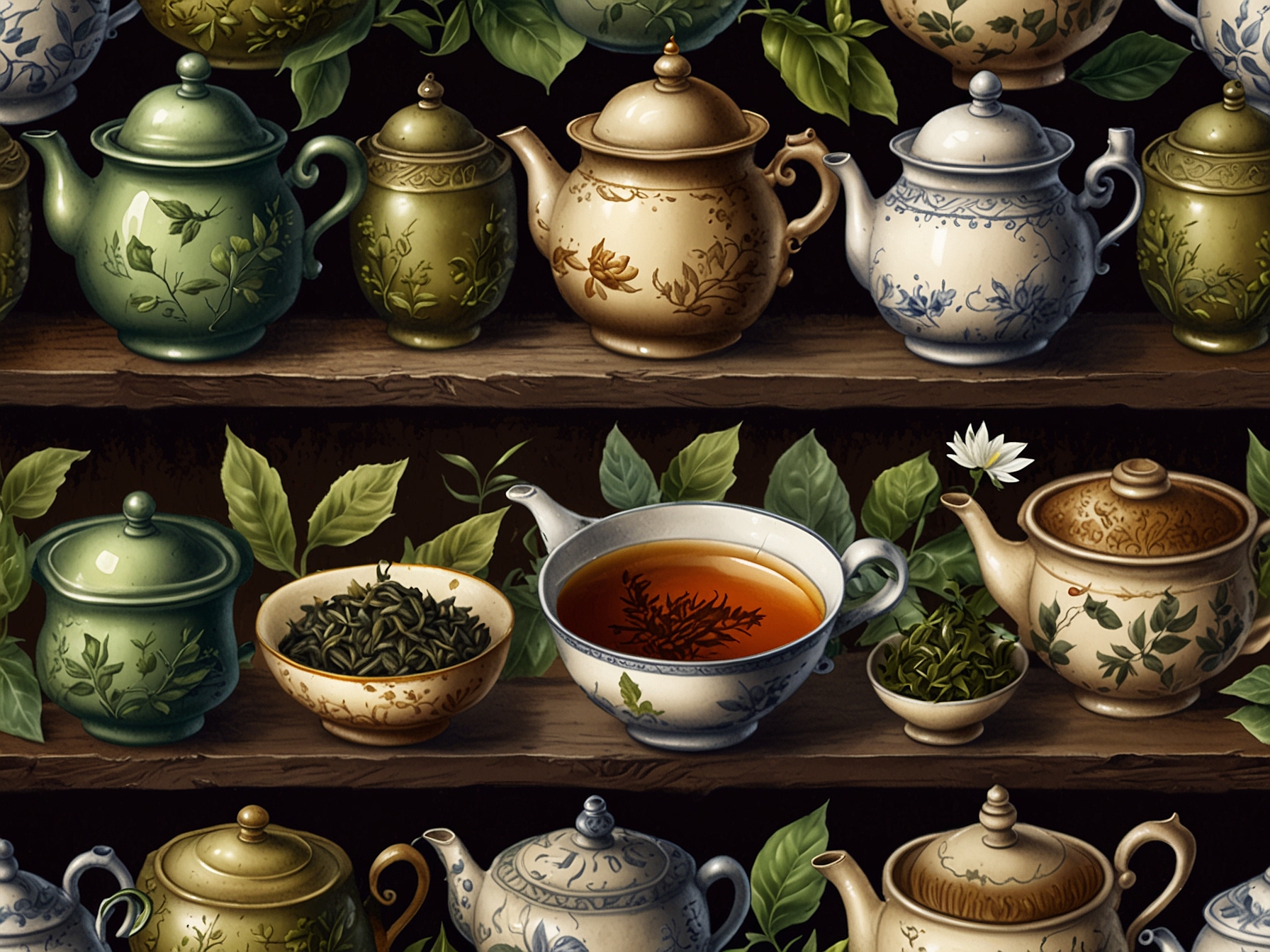 A close-up of different types of tea leaves and a teapot, showcasing the variety and cultural significance of tea, inviting viewers to explore flavors.