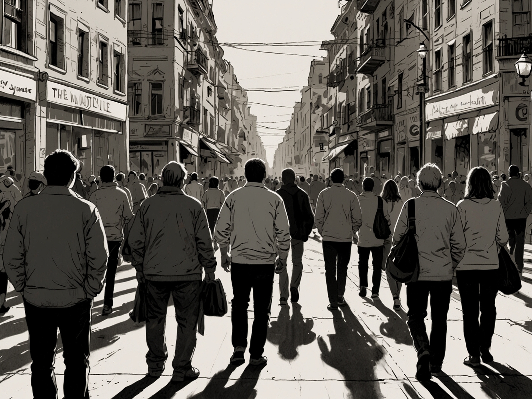 An empty street filled with joyful people, depicting the feeling of isolation one can experience even in a crowd, highlighting the contrast of internal emotions with external appearances.