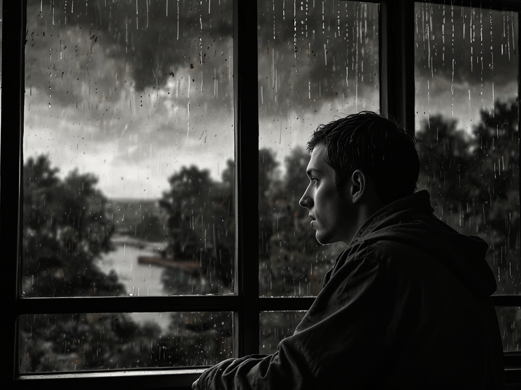 A person gazing out the window while it rains, portraying contemplation and the longing for brighter days ahead, symbolizing the journey from sorrow to strength.