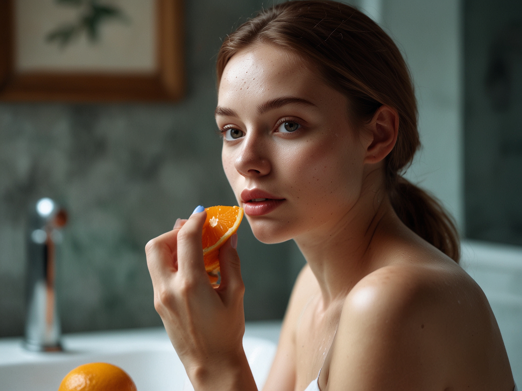 A close-up of a woman applying facial moisturizer in a serene bathroom setting, with fresh fruits and a glass of water visible, highlighting the importance of hydration and skincare.