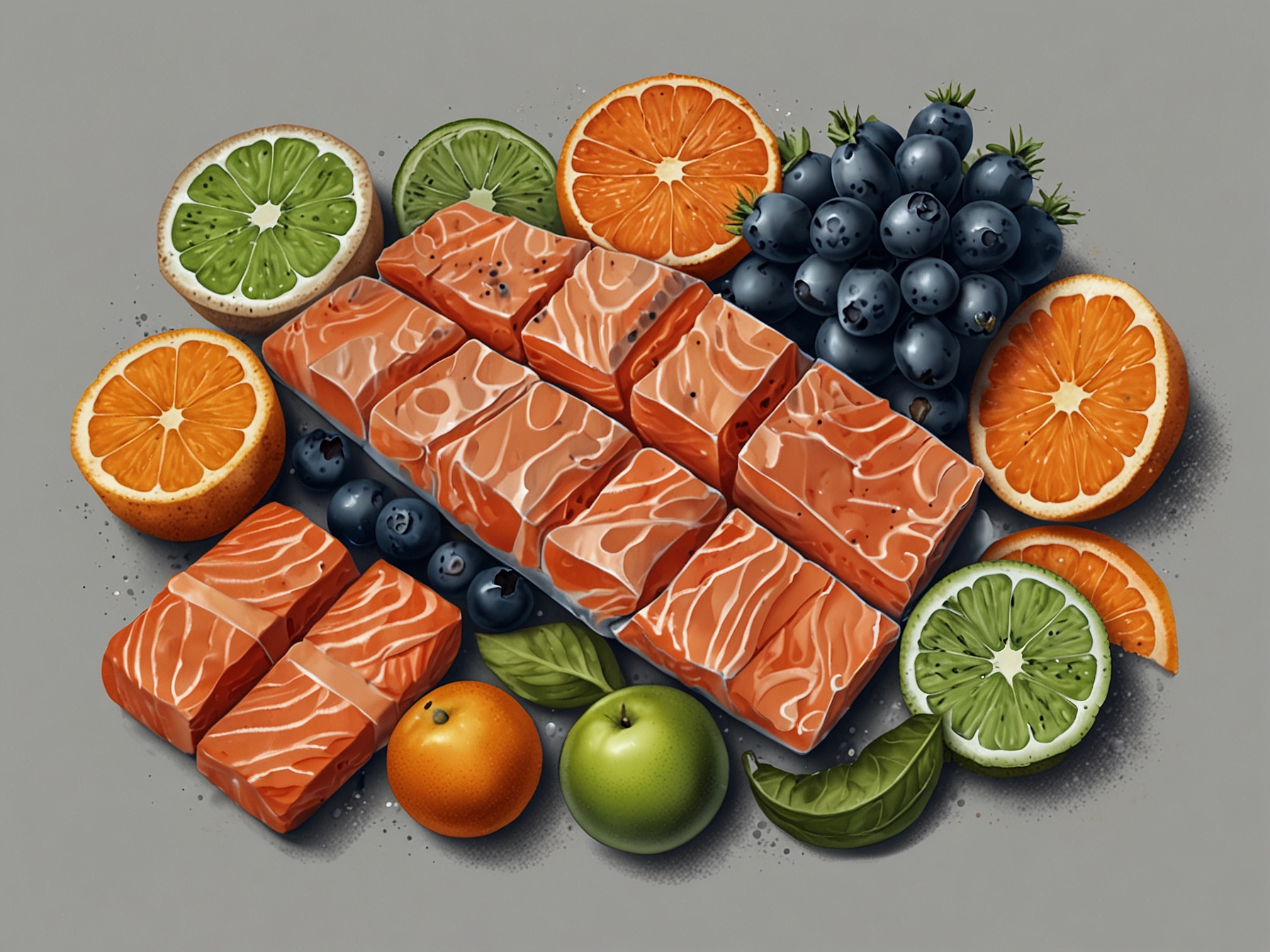 A flat lay of healthy foods rich in vitamin C, omega-3, and antioxidants, such as salmon, carrots, and various fruits, representing the dietary aspects that positively influence skin health.