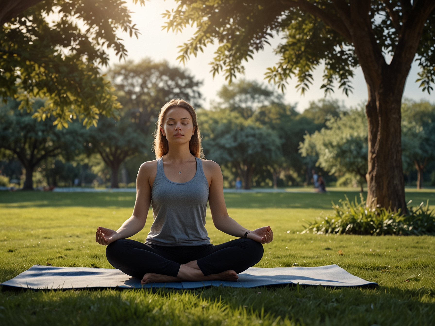 An individual practicing yoga outdoors, enjoying a moment of meditation in a tranquil park, to illustrate the mental health benefits associated with skincare routines.