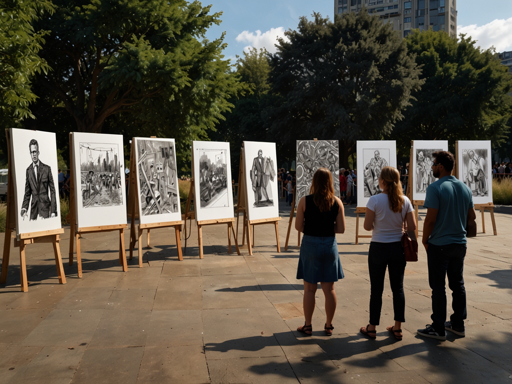 An outdoor art exhibition featuring various modern artworks that highlight social issues such as climate change and inequality, demonstrating the powerful message art can convey.