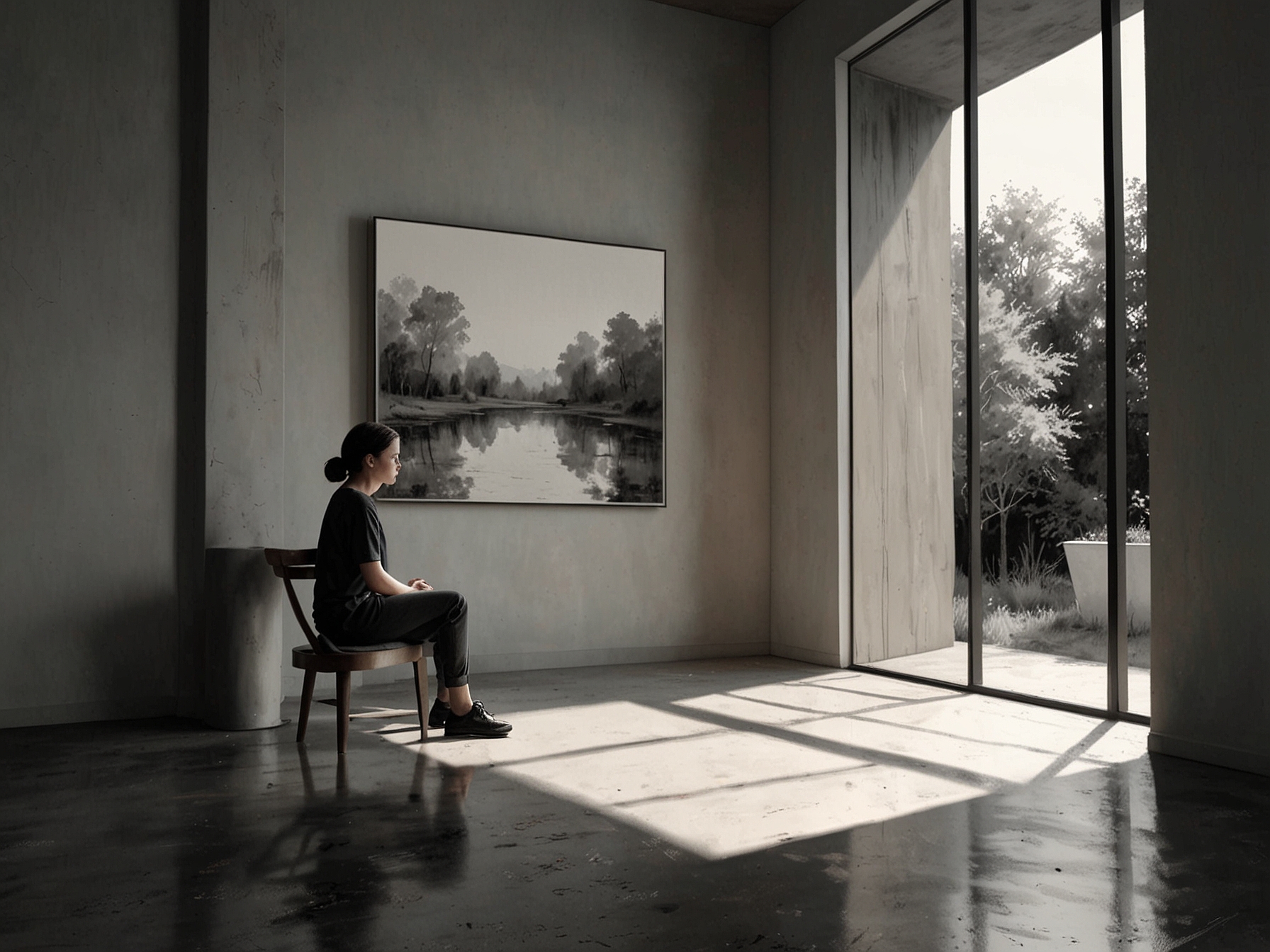 A serene scene of a person sitting quietly in front of a large painting, reflecting deeply, illustrating how art serves as a mirror to our own lives and feelings.