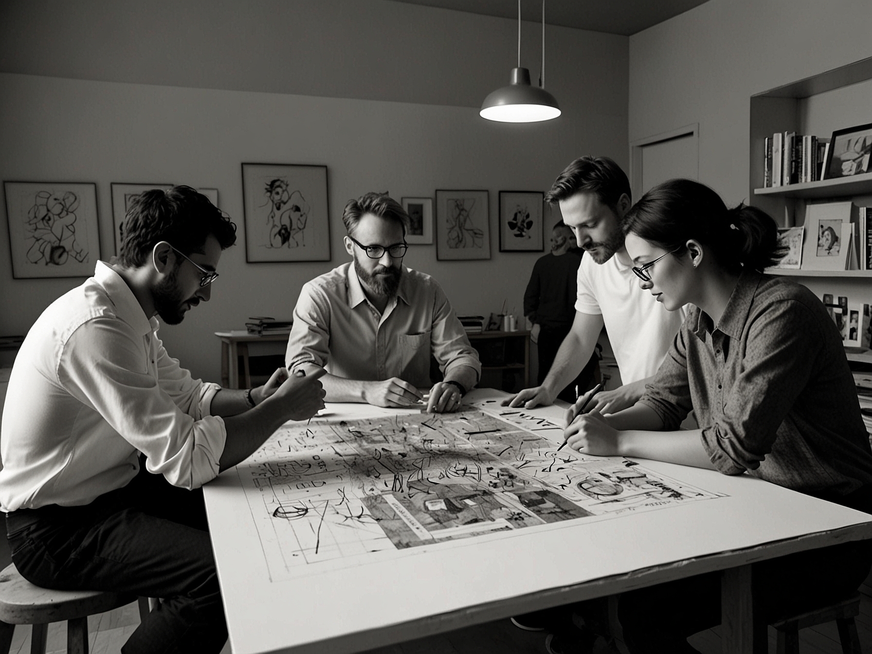 A group of contemporary artists collaborating at a studio, exchanging ideas and techniques, representing the dynamic and communal aspect of the art world across cultures.