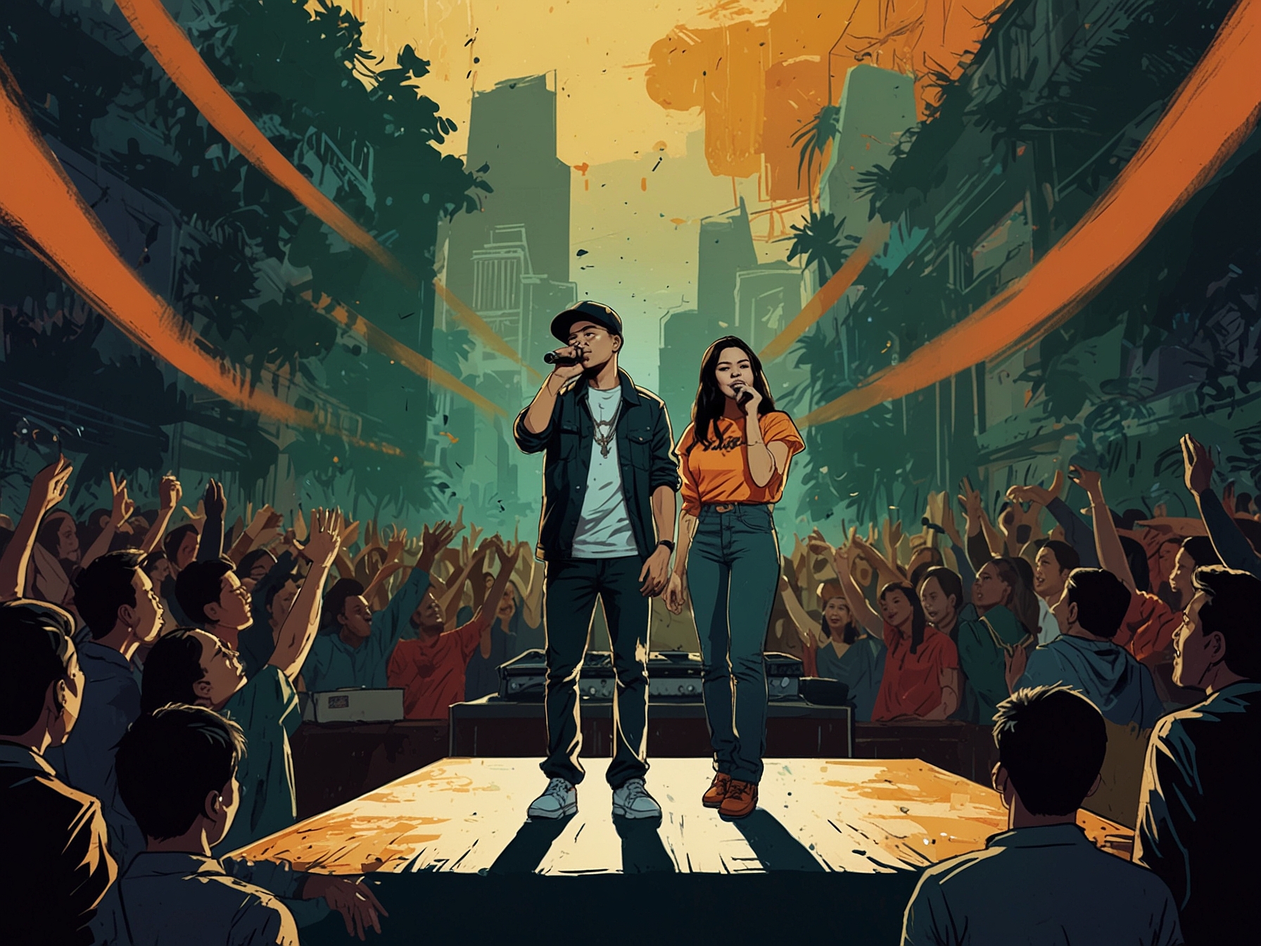 A vibrant concert featuring modern Vietnamese pop artists, showcasing the blend of hip-hop and R&B with traditional elements, attracting a young audience.