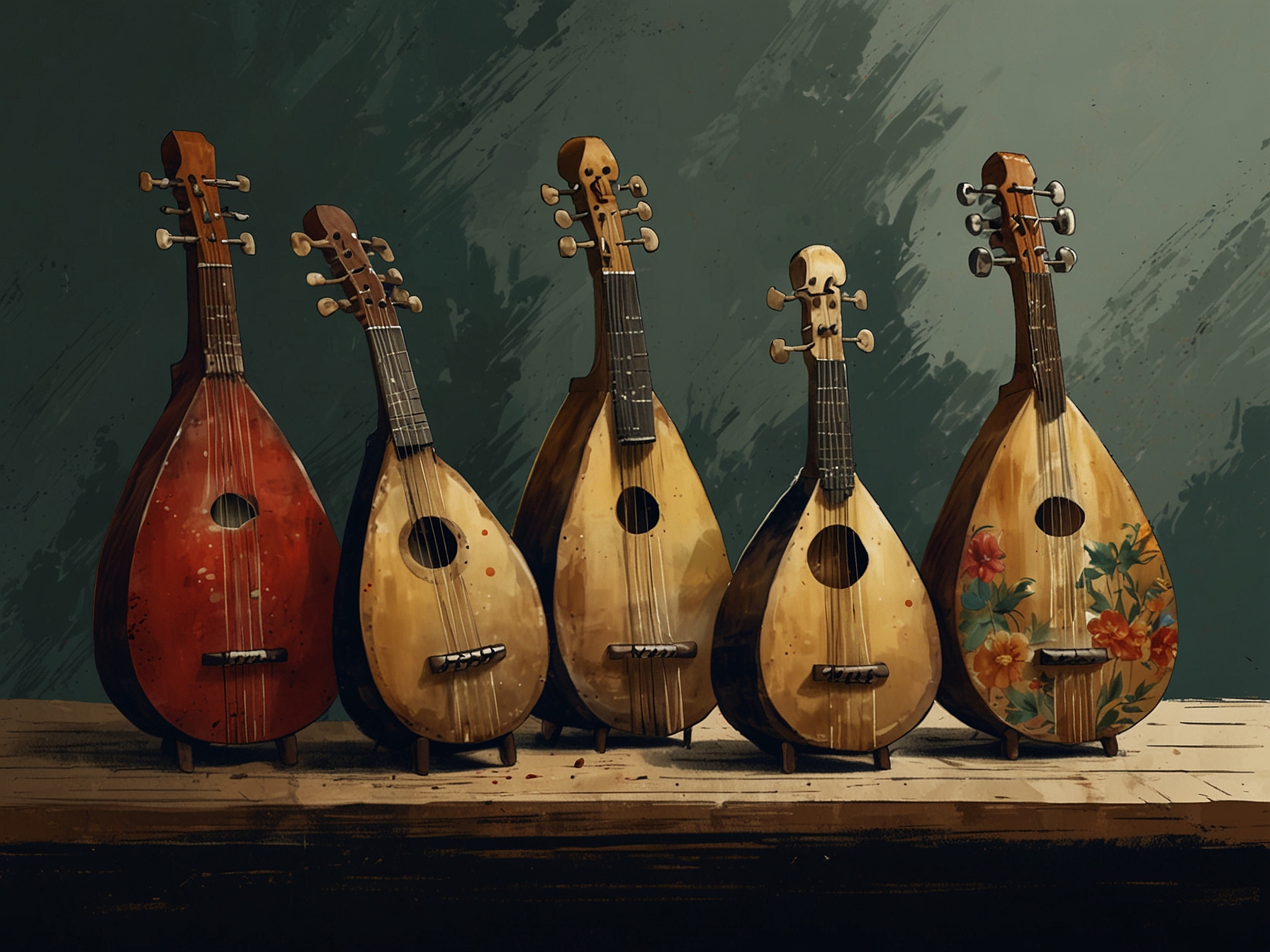 An artistic display of traditional Vietnamese musical instruments like đàn bầu and đàn tranh, emphasizing their cultural significance in Vietnamese music.