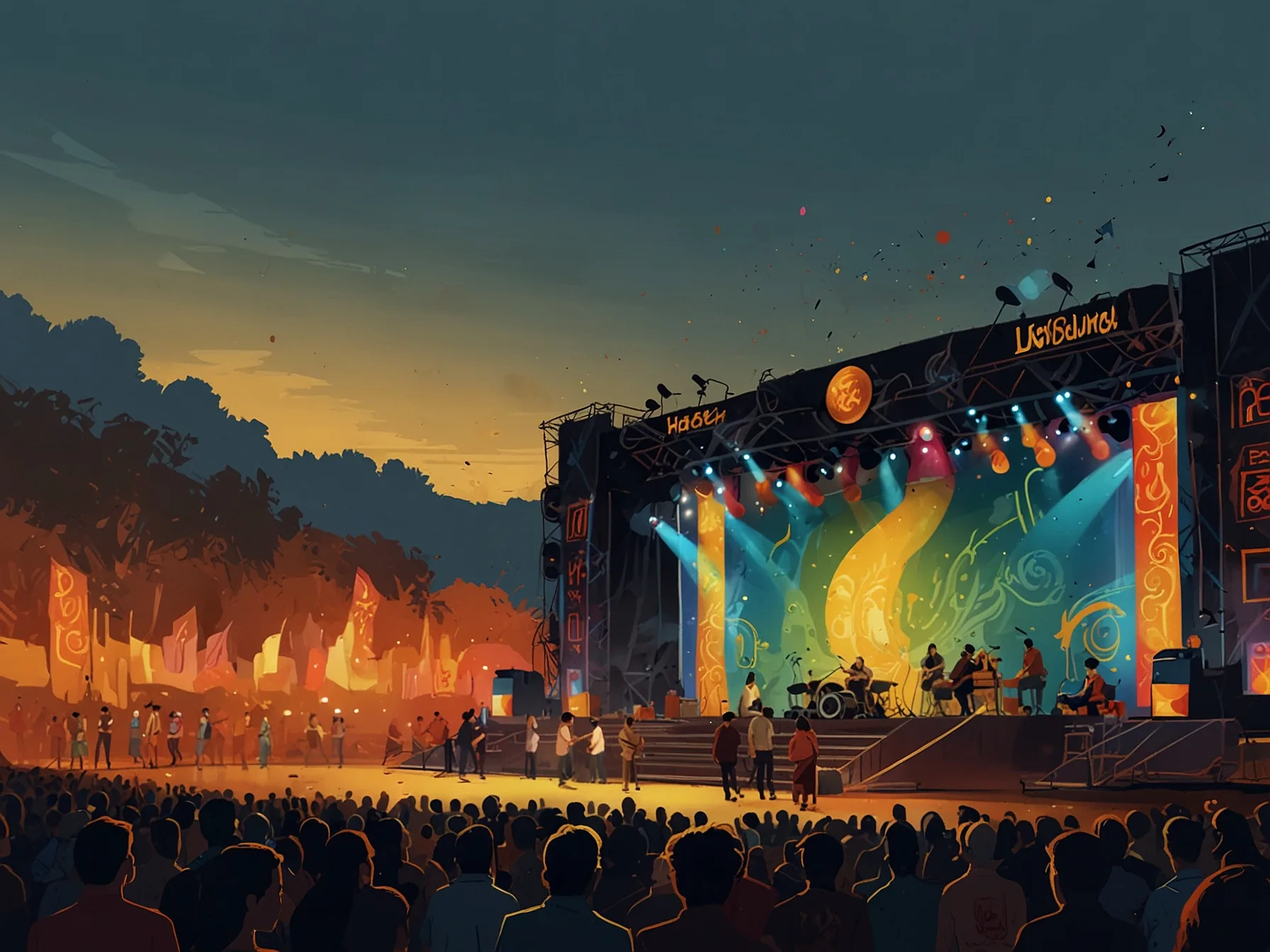A lively music festival stage during the Hạ Long International Music Festival, where both local and international artists perform, reflecting the global interest in Vietnamese music.