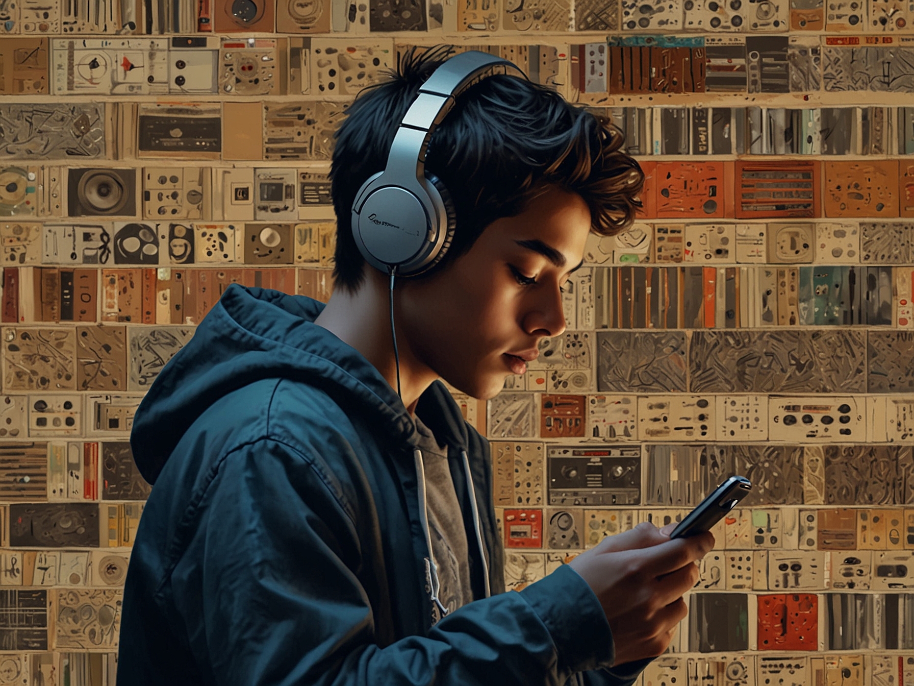 A young person using their smartphone to explore various music genres, symbolizing the accessibility of global music while hinting at the disconnection from cultural roots.