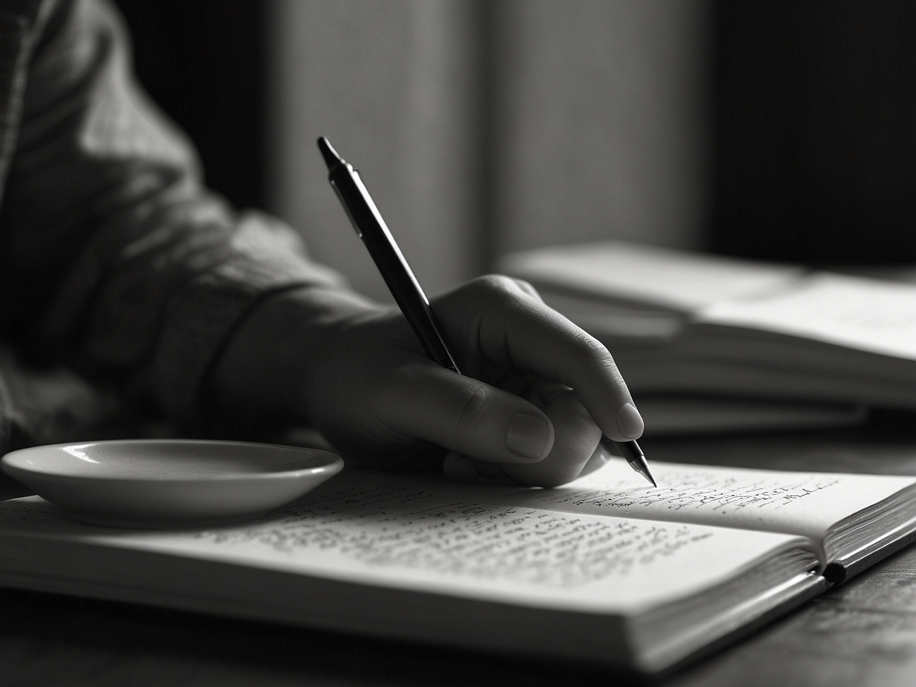 A close-up of a person writing in a journal, with a cup of tea beside them, emphasizing the therapeutic act of journaling as a way to process emotions.