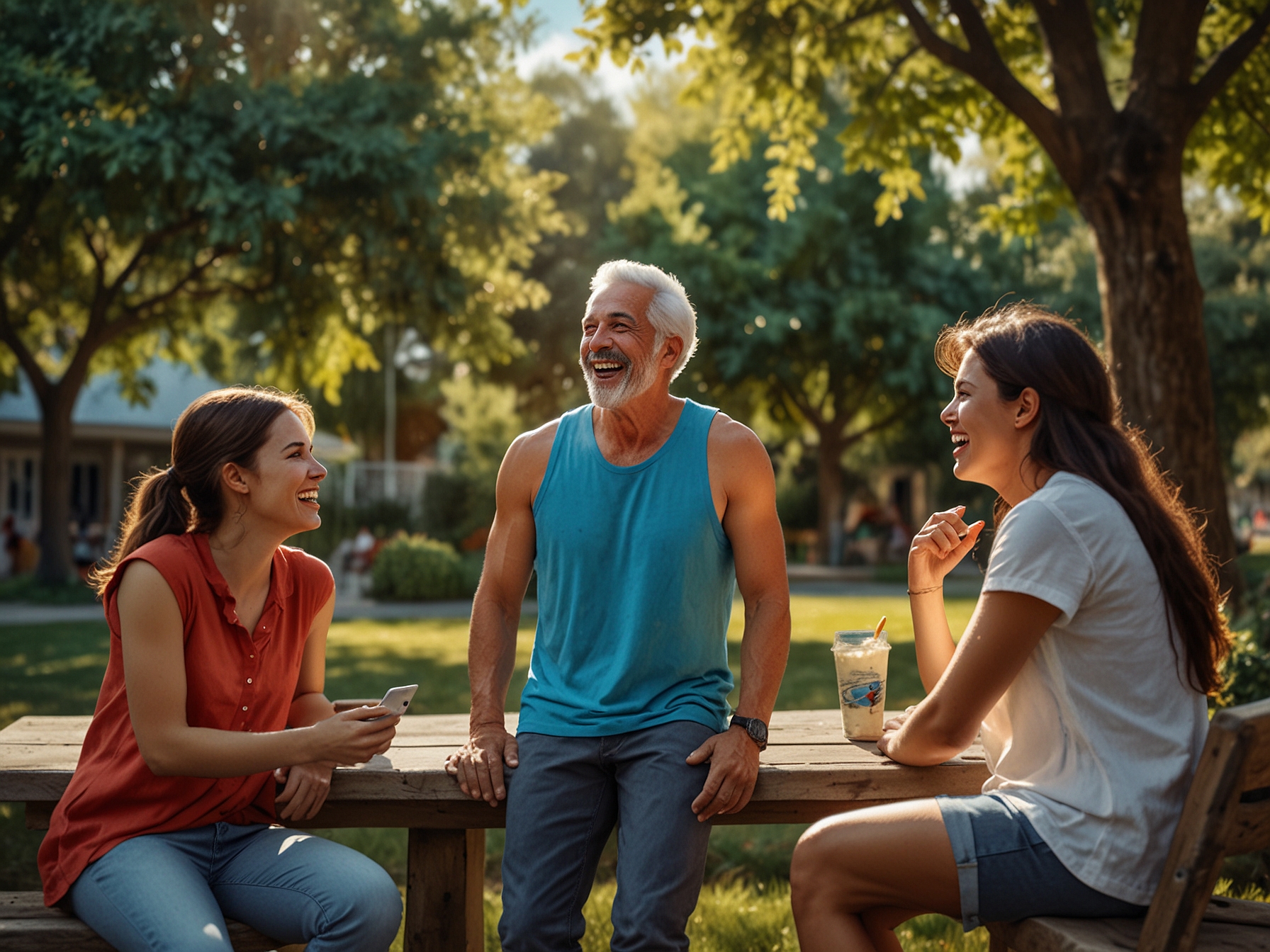 A vibrant outdoor setting with friends laughing and talking, showcasing the importance of social connections in overcoming feelings of loneliness and sadness.