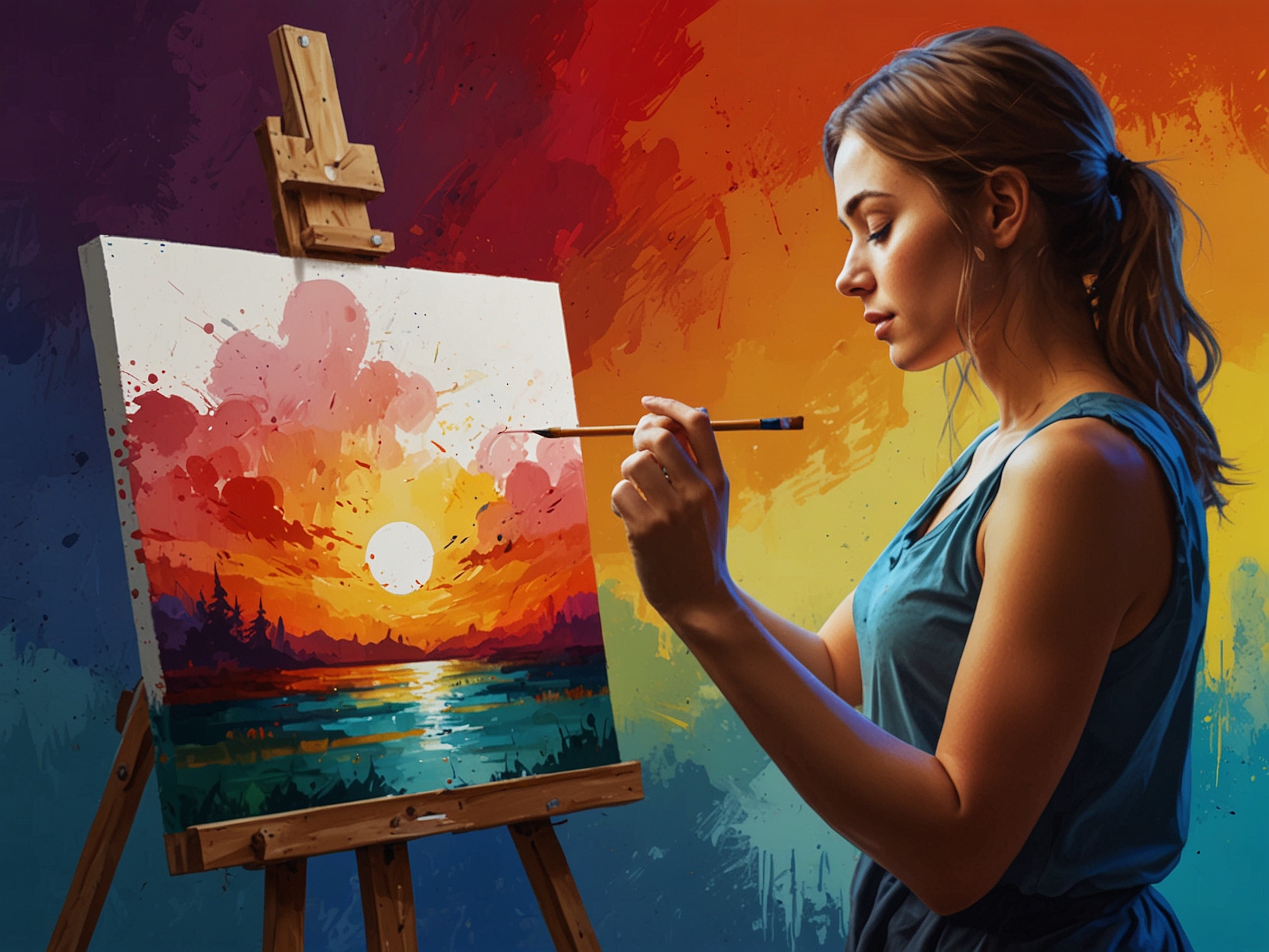 A person painting on a canvas, expressing their emotions through vibrant colors, illustrating how creativity can turn sadness into beauty and inspiration.