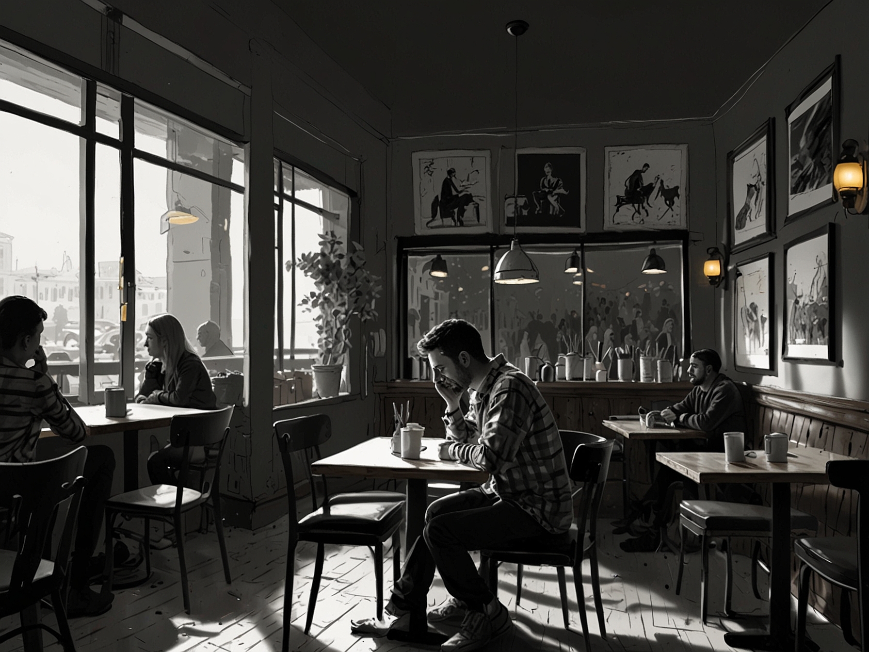 A person sitting alone at a café, looking thoughtful and slightly overwhelmed, capturing the feeling of loneliness amidst a crowd.