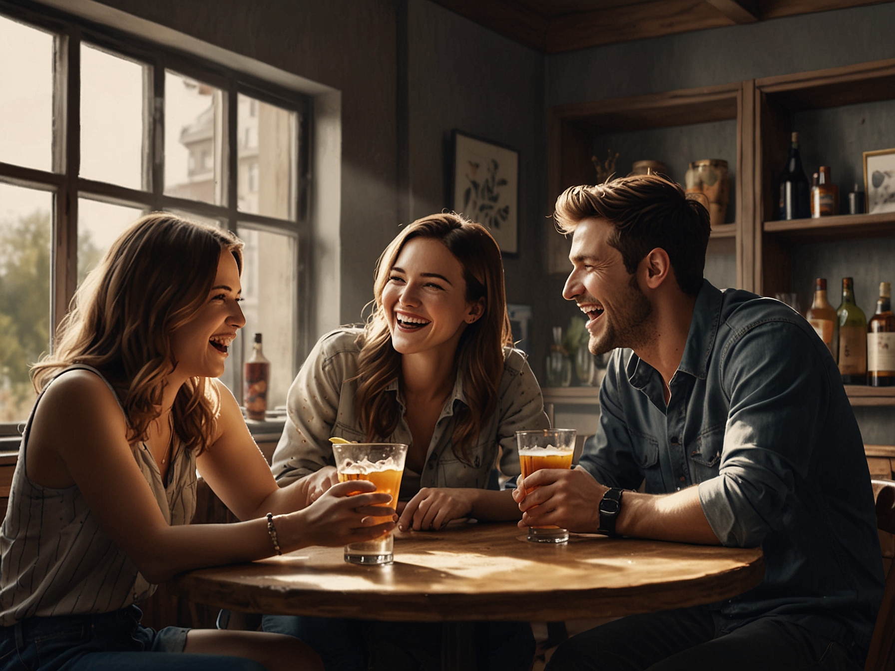 A group of friends laughing and sharing drinks, illustrating the importance of connection and sharing moments to relieve stress.