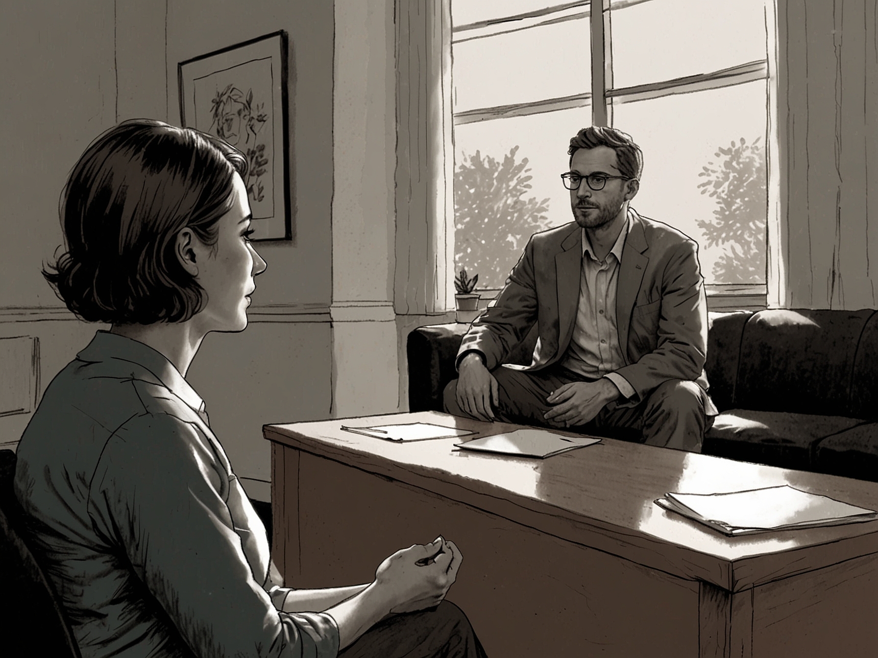 An image of a person talking to a therapist in a calm setting, representing the normalization of seeking mental health support in today's society.