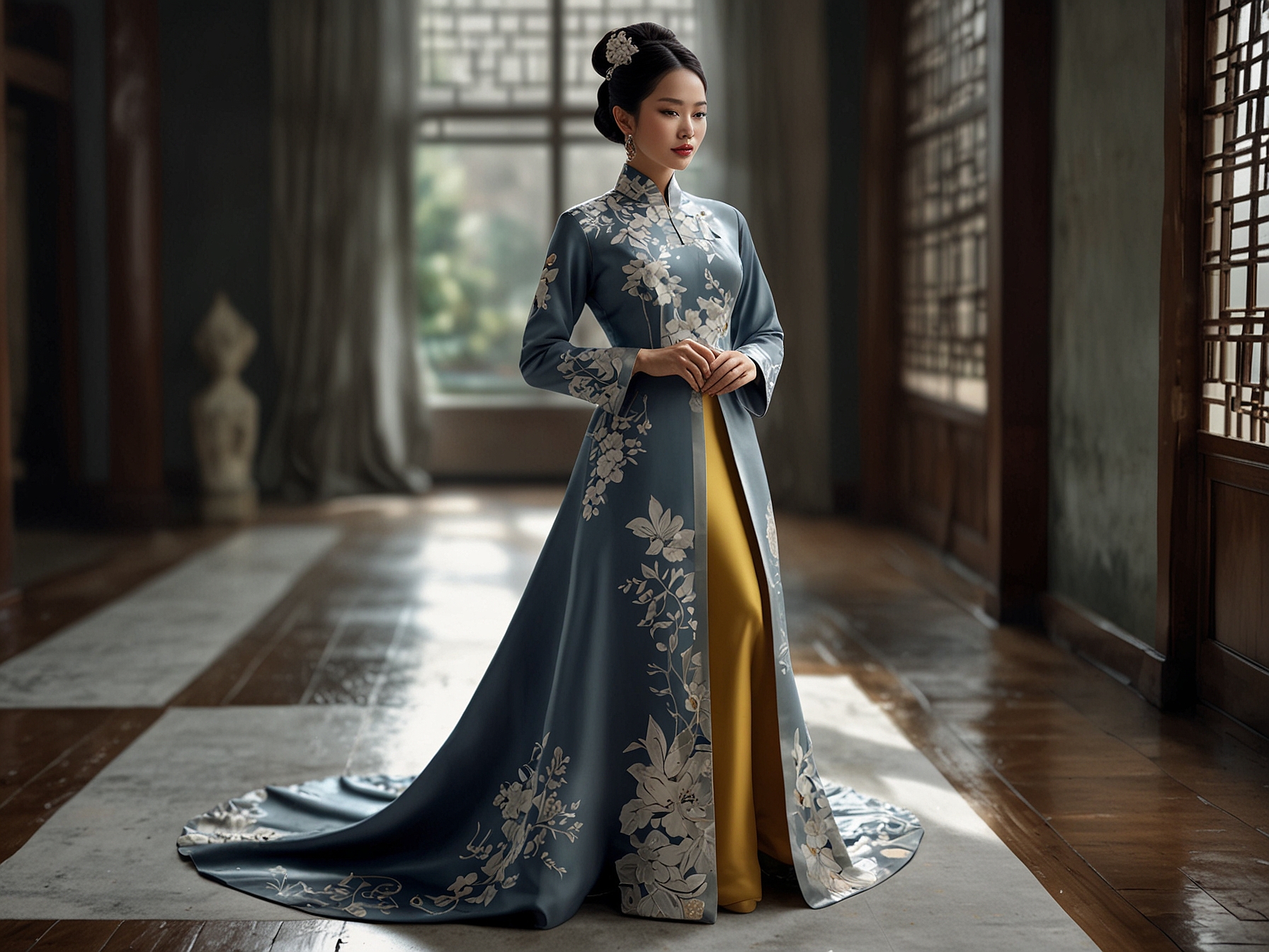 A designer working on a modernized Ao Dai, highlighting the blend of traditional Vietnamese elements with contemporary fashion. Materials are showcased on a stylish mannequin.