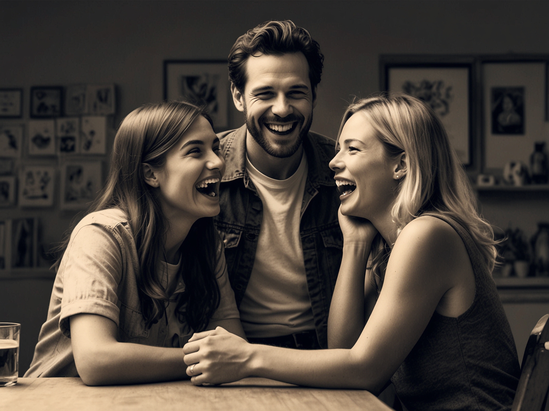 A playful moment between two people sharing a light-hearted joke or funny meme, highlighting how humor can break the ice and foster romance.