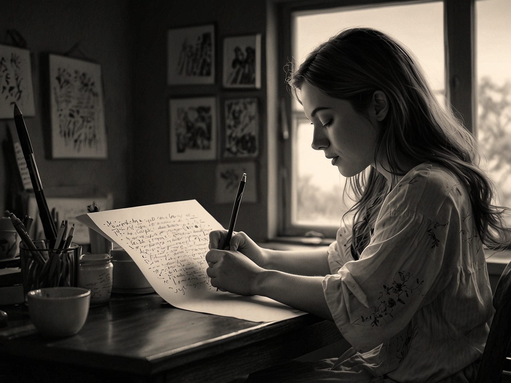 A serene image of someone writing a heartfelt poem, representing the personal and creative ways people express their feelings through words, making lasting impressions.