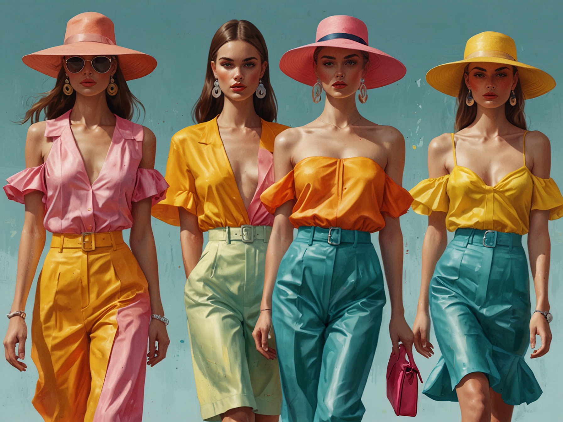 Models in bright summer outfits featuring bold colors like shining yellow, turquoise, and pastel pink, reflecting confidence and energy for the season.