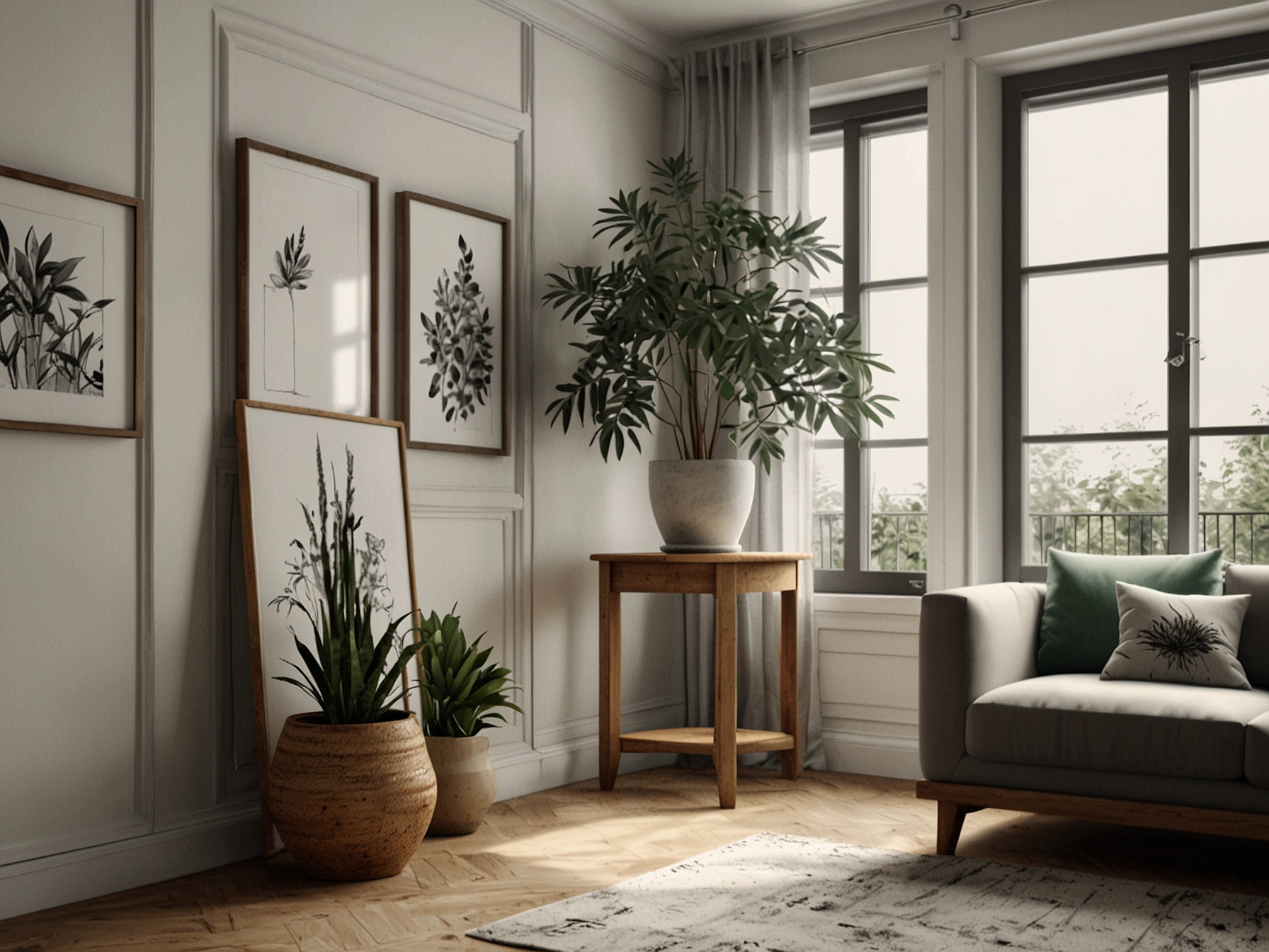 A well-decorated corner with a small indoor plant on a table, adding freshness and life to the room, surrounded by neutral designed decor.