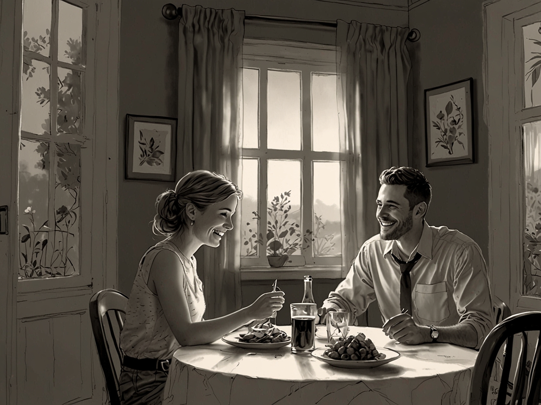 A cozy dinner setting with a couple sharing sweet smiles and laughter, illustrating how even small gestures can rekindle romance in existing relationships.