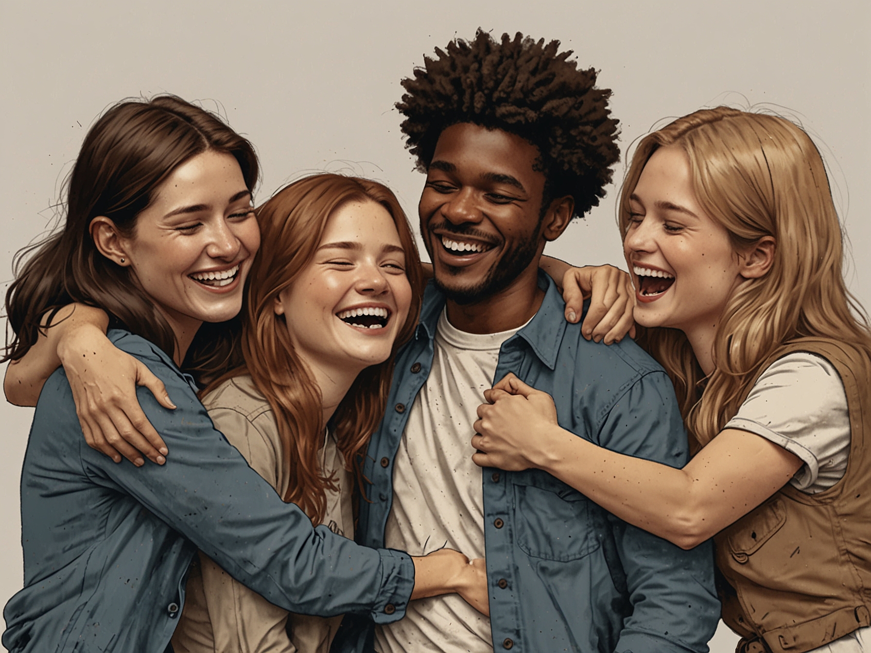 A group of friends sharing laughter and a comforting embrace, illustrating the importance of social connections and support during tough emotional times.