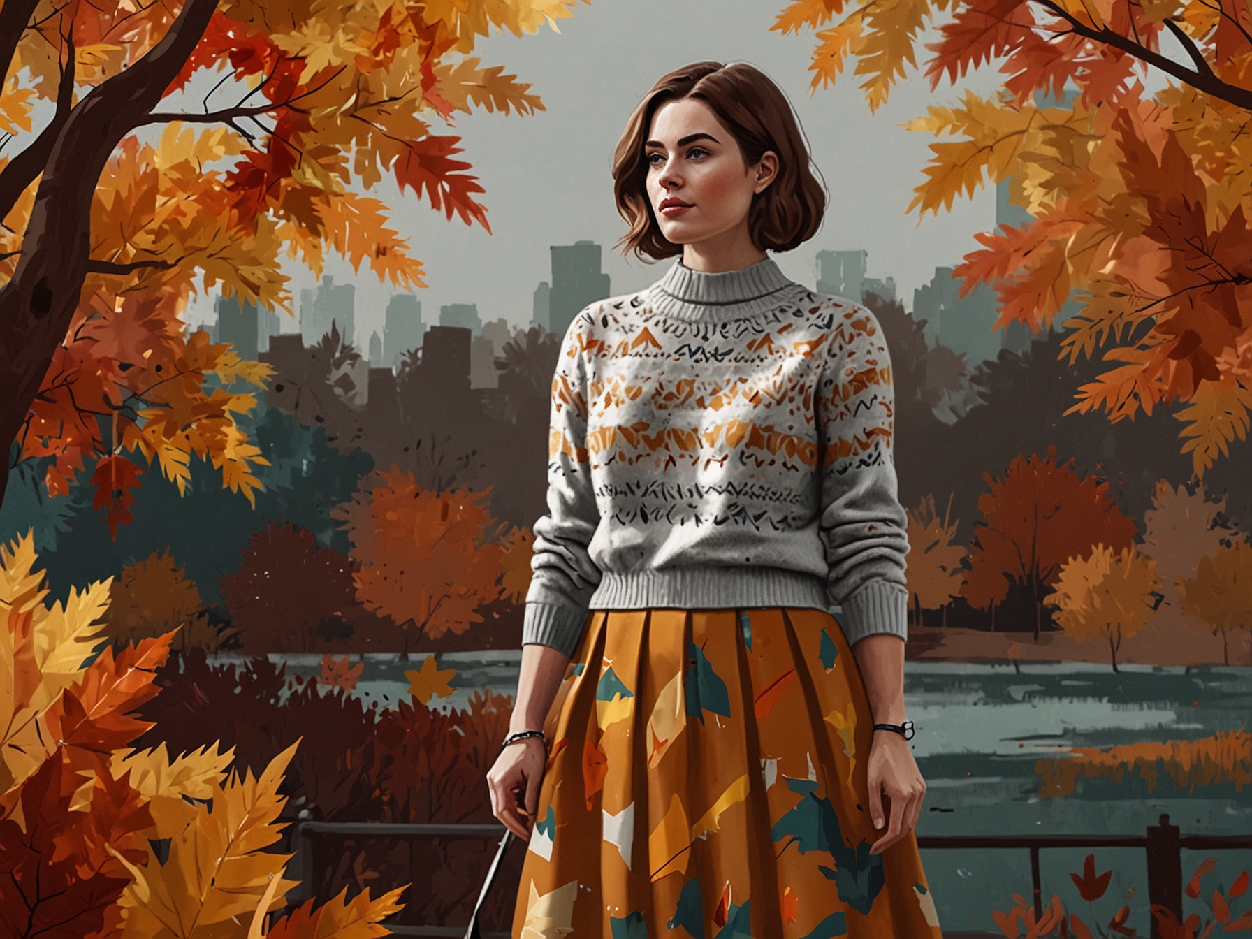 A beautifully styled fall outfit featuring a chunky knit sweater and a midi skirt against a backdrop of colorful autumn leaves, representing comfort and warmth.