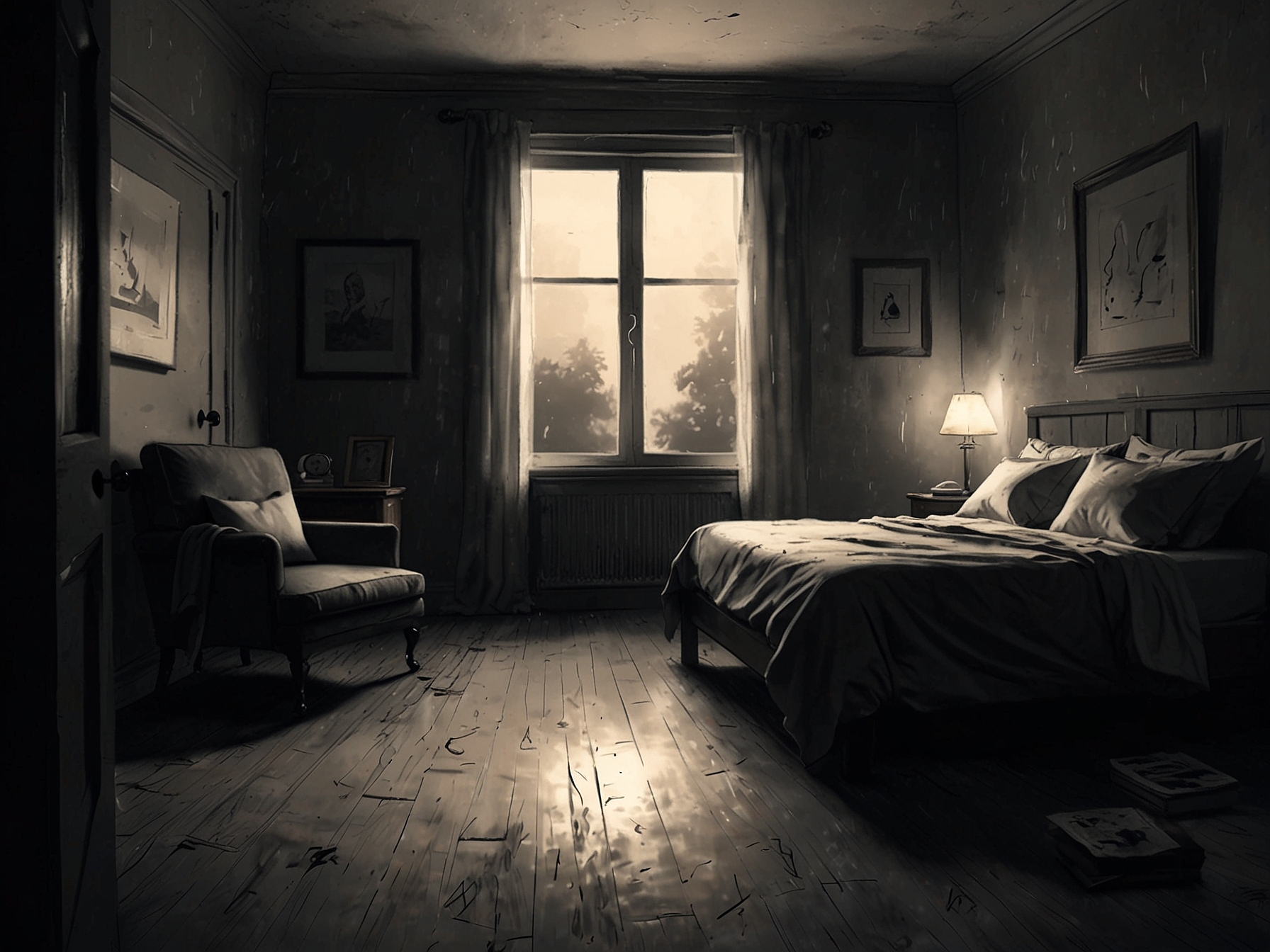 A dimly lit room with a bedside lamp glowing softly, a person quietly listening to their favorite song, tears rolling down their face, symbolizing the overwhelming nature of emotions.