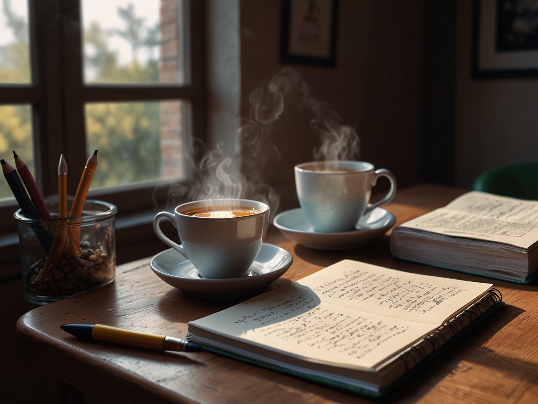 A cozy corner with a steaming cup of tea and an open notebook on a small table, reflecting the importance of self-care and journaling to process emotions during tough times.