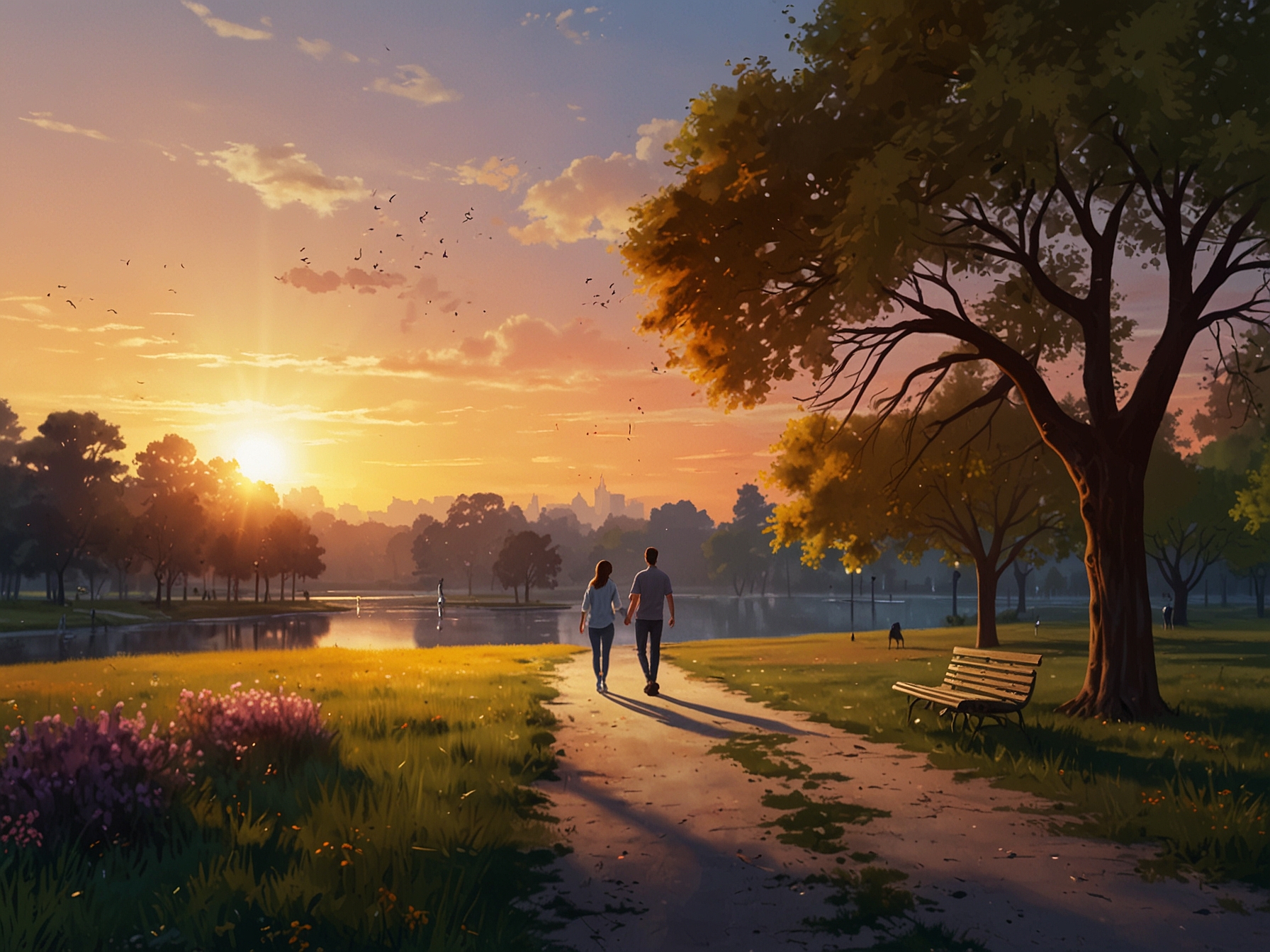 A scenic park during sunset with a couple walking together, illustrating the beauty of shared moments and the simplicity of falling in love.